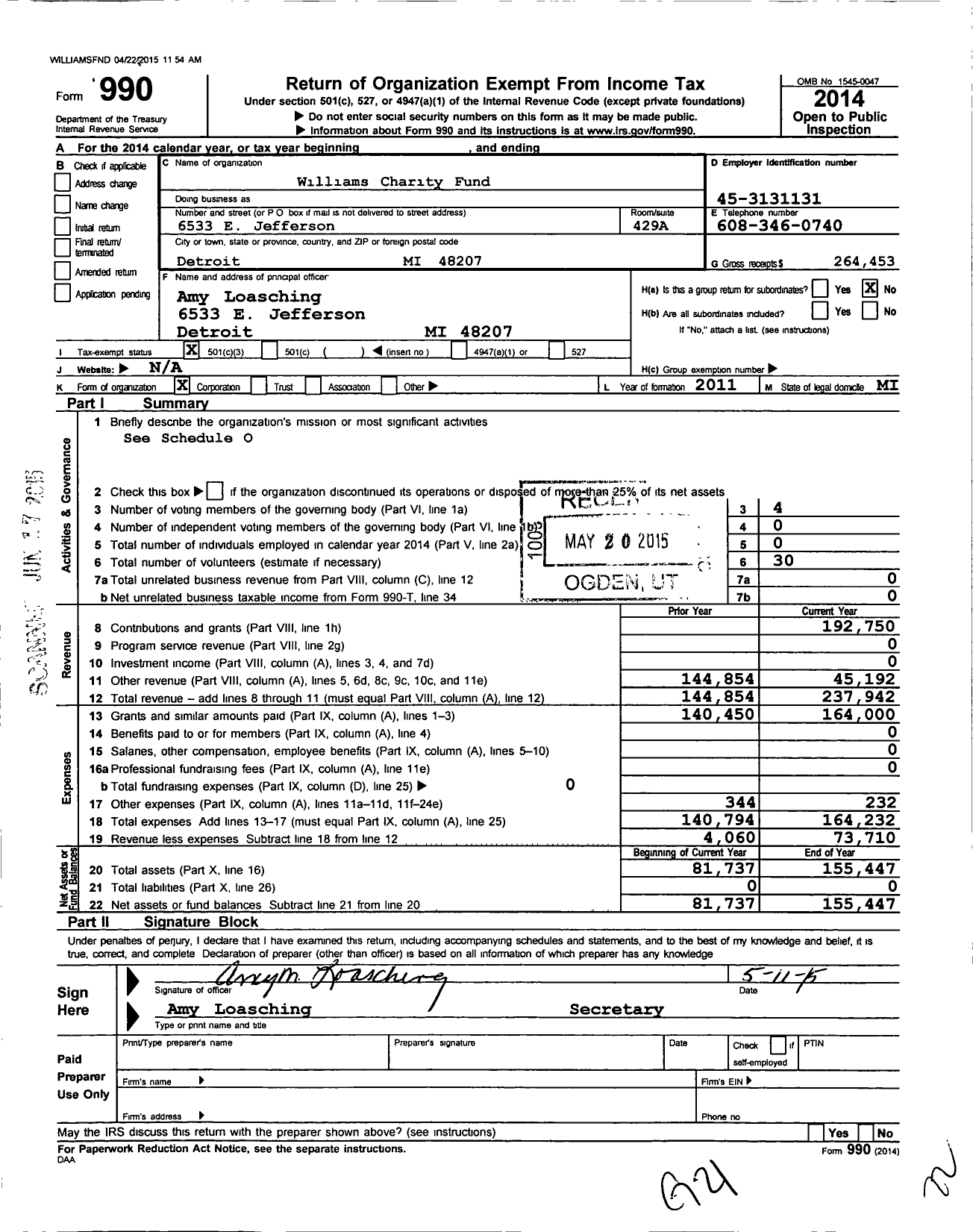 Image of first page of 2014 Form 990 for Williams Charity Fund