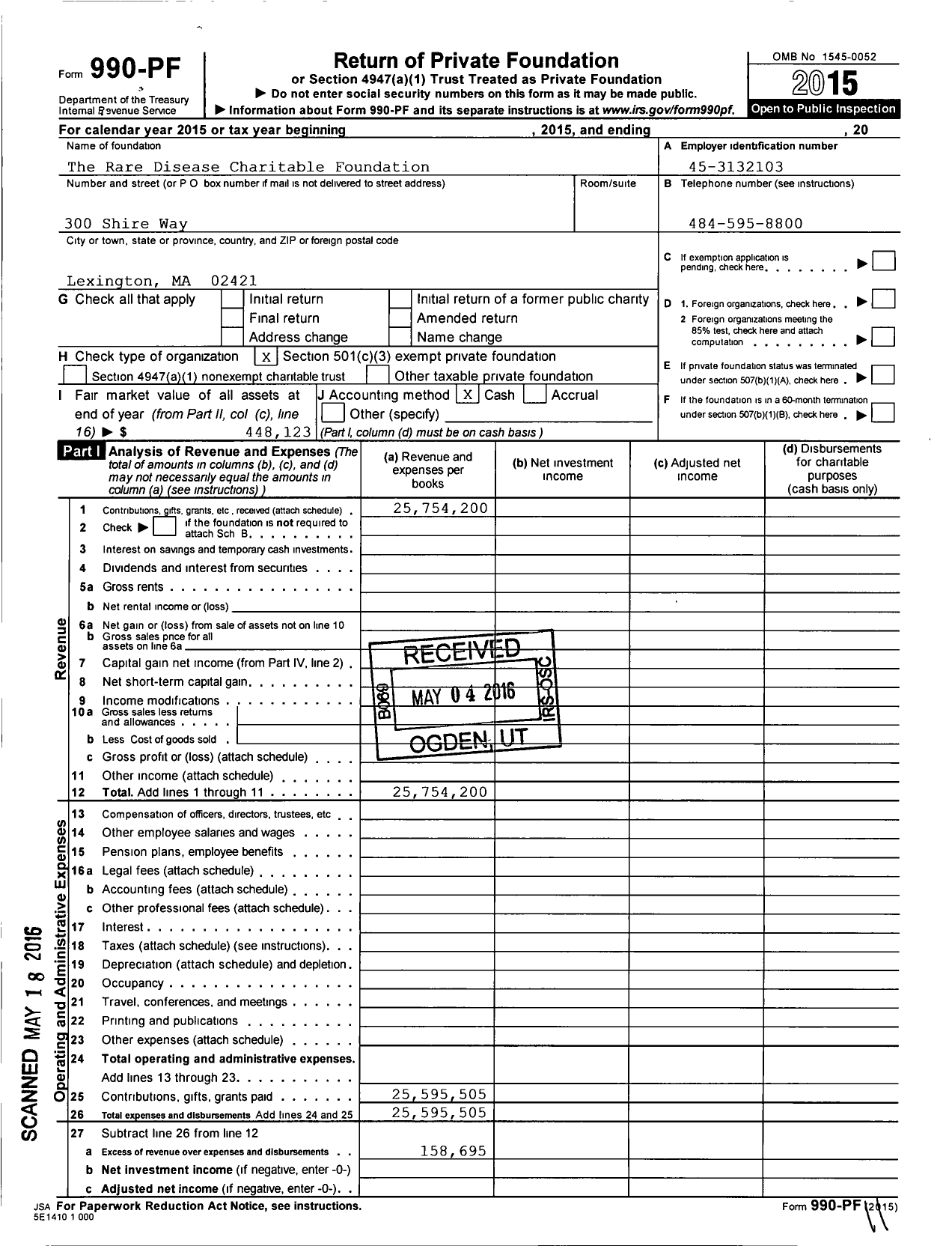 Image of first page of 2015 Form 990PF for Rare Disease Charitable Foundation