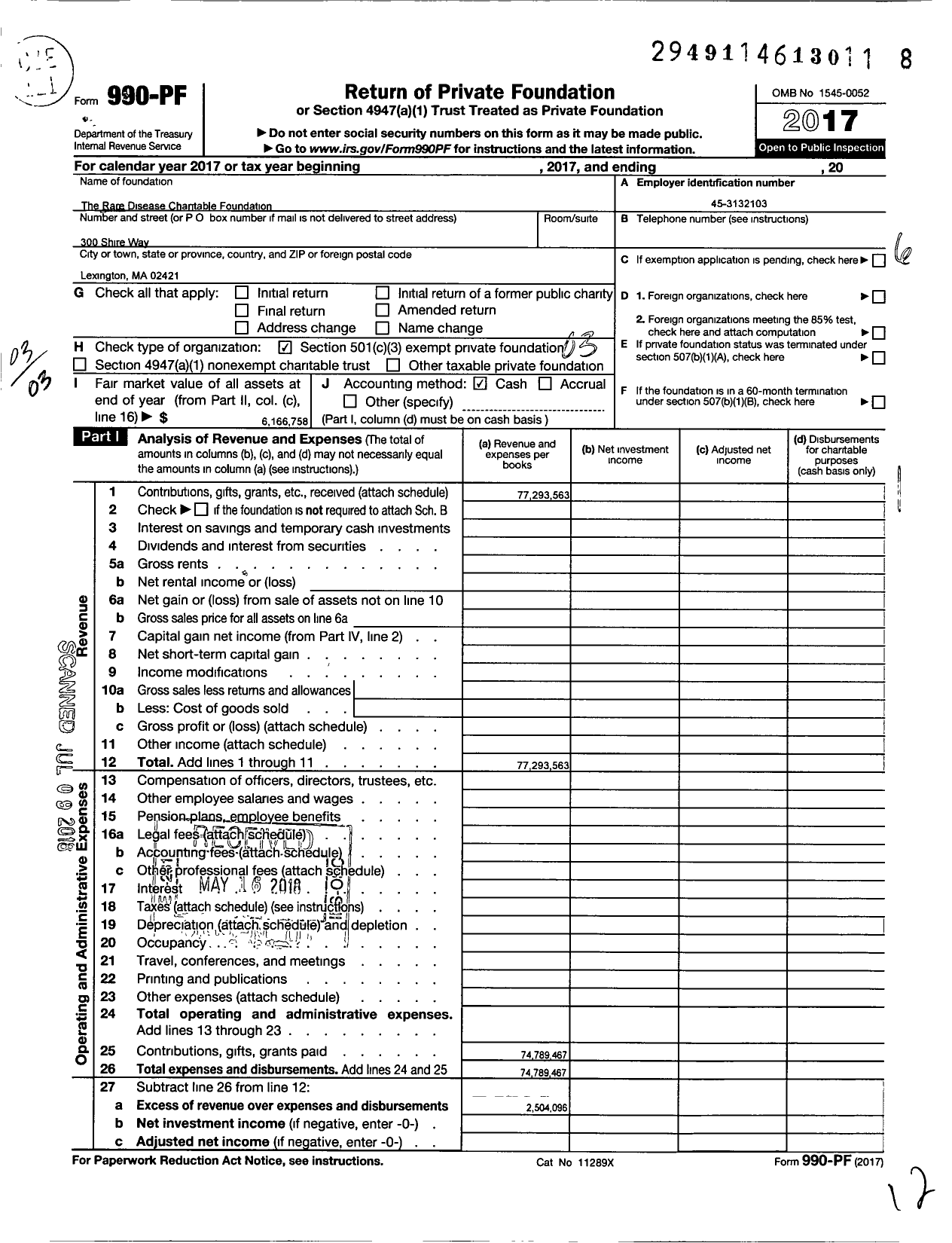 Image of first page of 2017 Form 990PF for Rare Disease Charitable Foundation