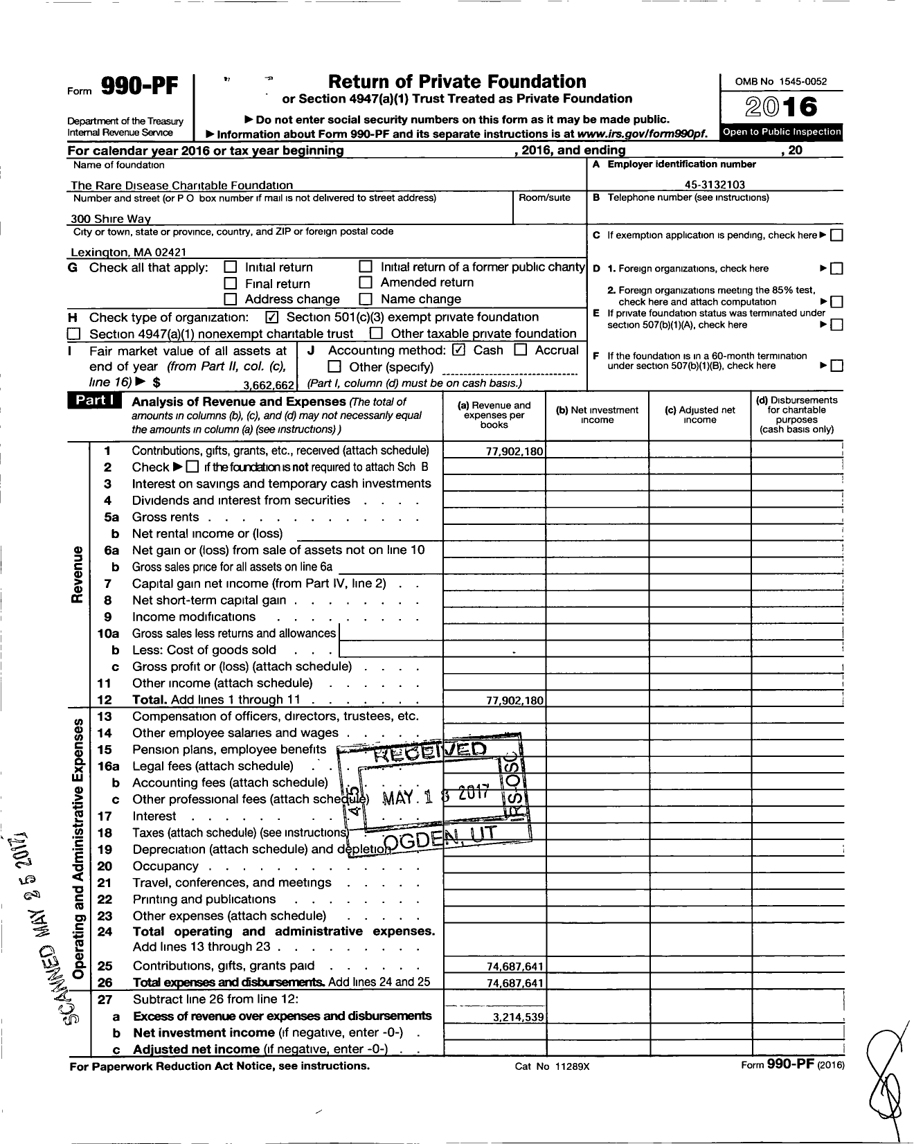 Image of first page of 2016 Form 990PF for Rare Disease Charitable Foundation