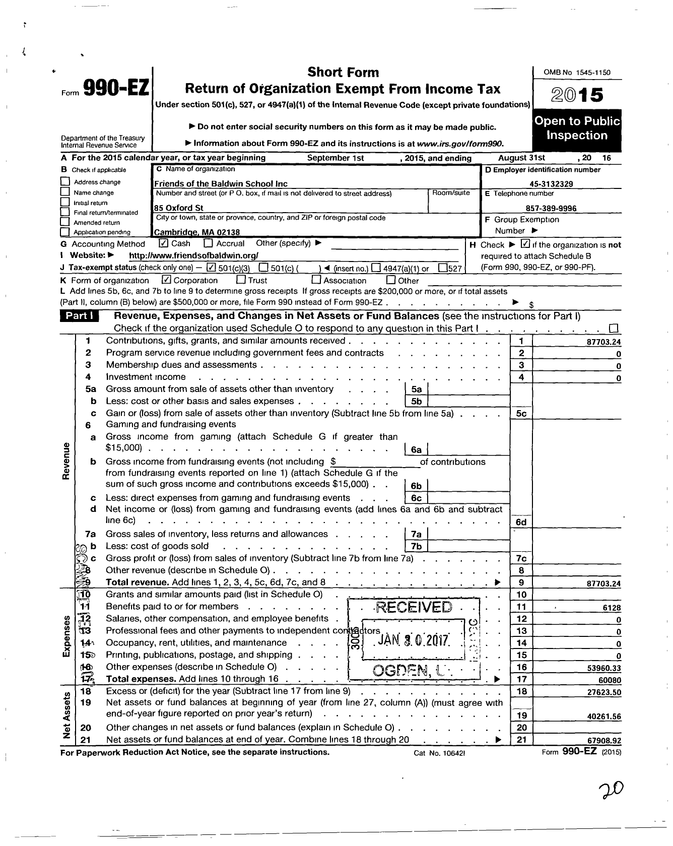 Image of first page of 2014 Form 990EZ for Friends of the Baldwin School