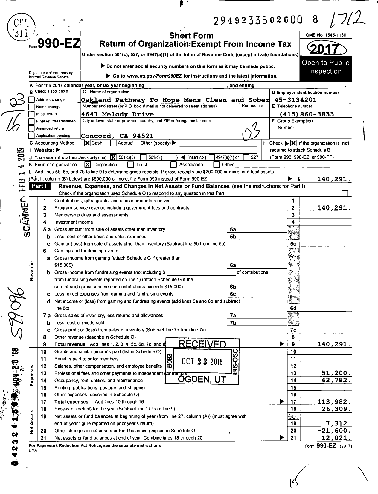 Image of first page of 2017 Form 990EZ for Oakland Pathway to Hope Mens Clean and Sober Living