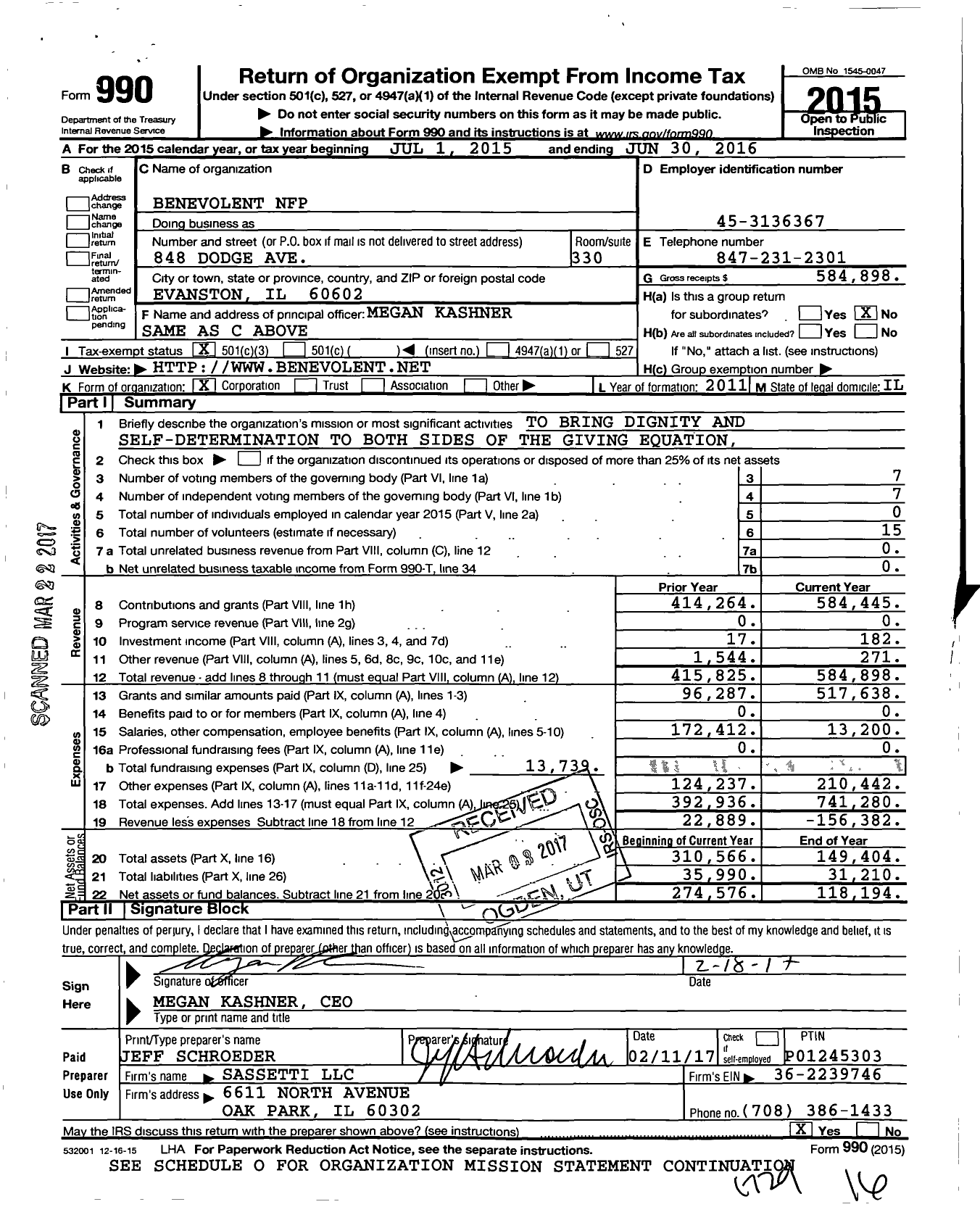 Image of first page of 2015 Form 990 for Benevolent NFP