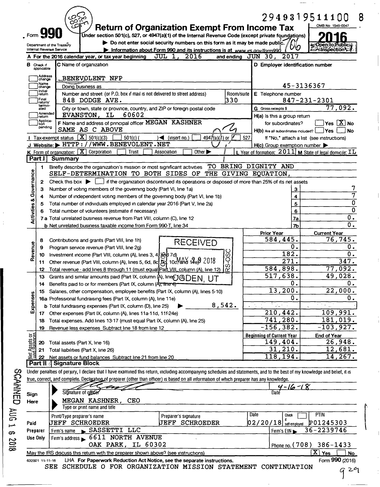 Image of first page of 2016 Form 990 for Benevolent NFP