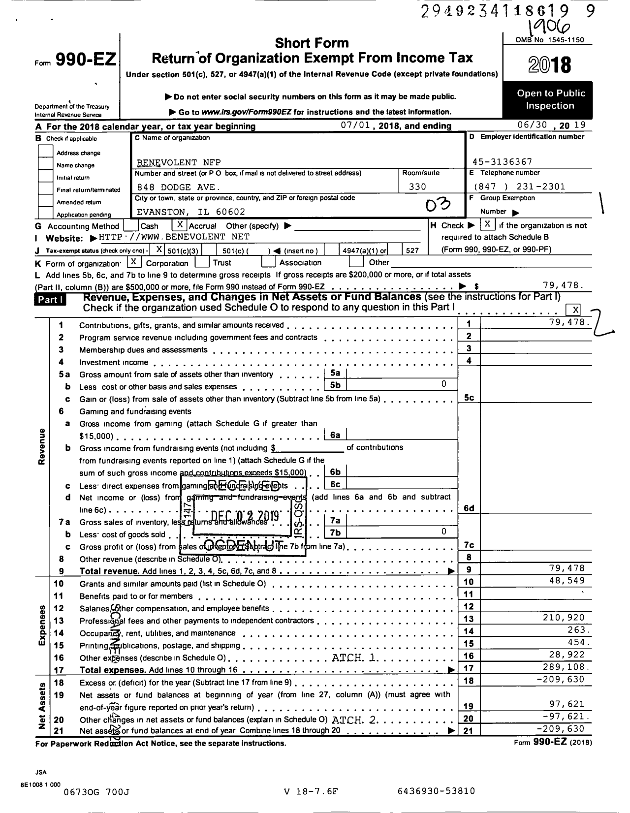 Image of first page of 2018 Form 990EZ for Benevolent NFP