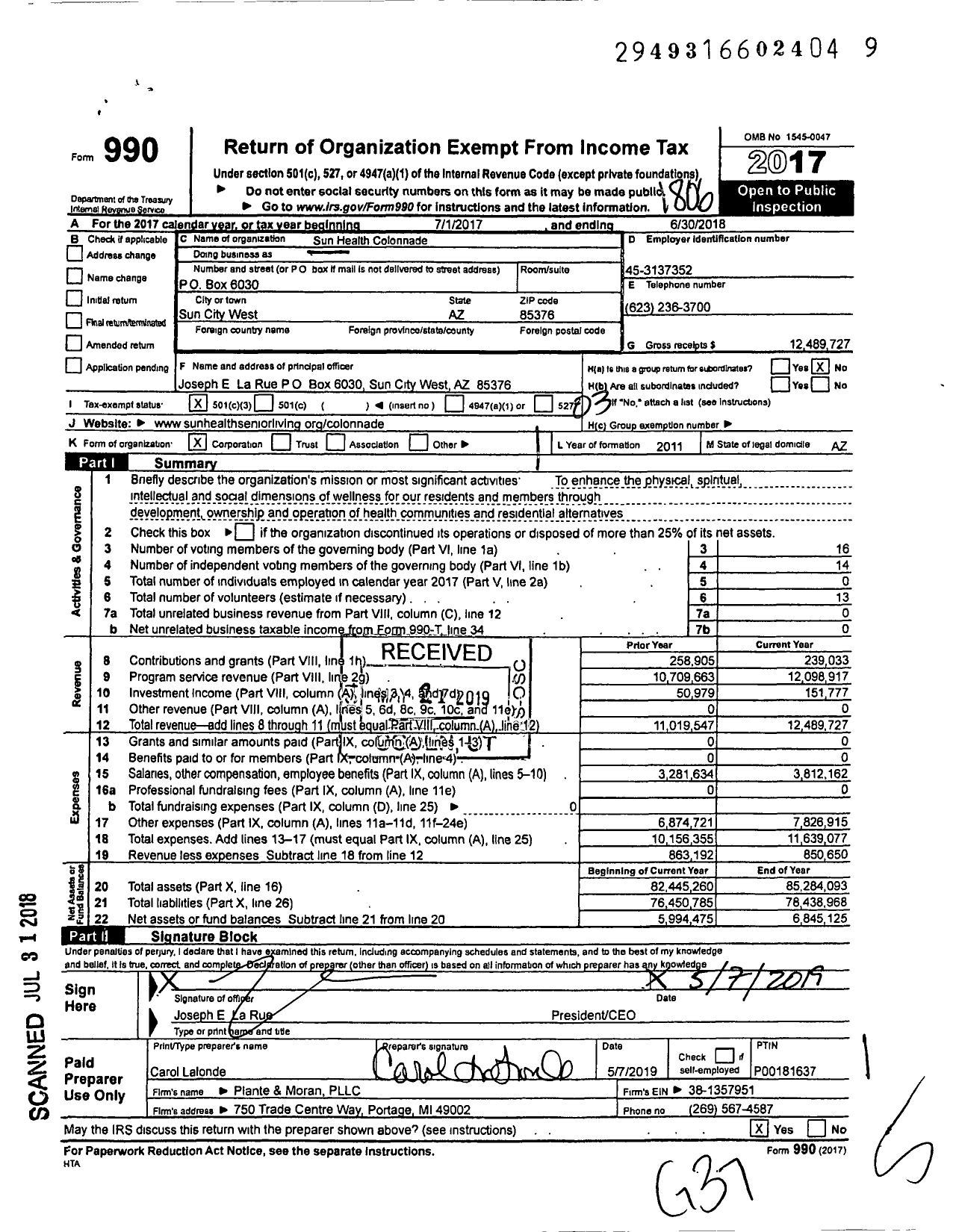 Image of first page of 2017 Form 990 for Sun Health Colonnade