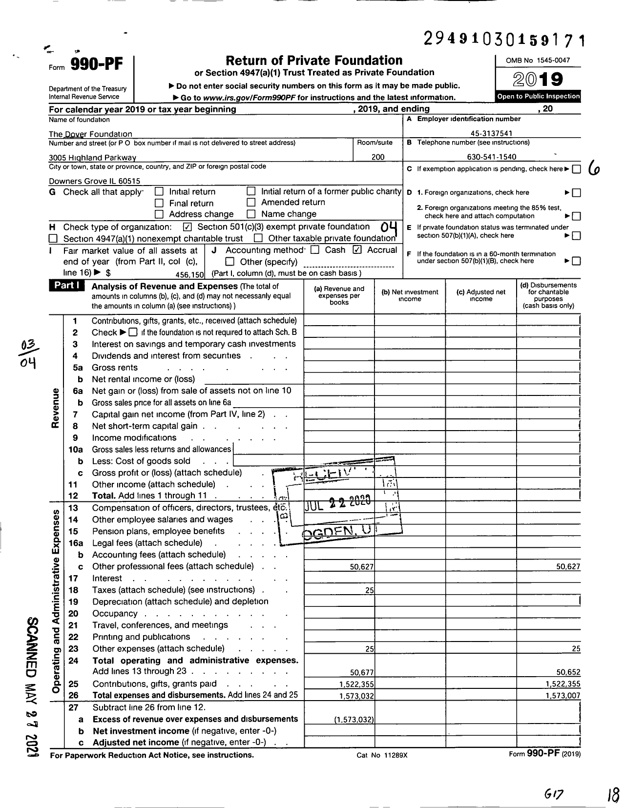 Image of first page of 2019 Form 990PF for The Dover Foundation