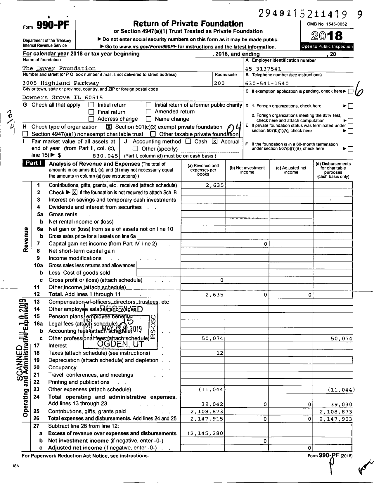 Image of first page of 2018 Form 990PF for The Dover Foundation