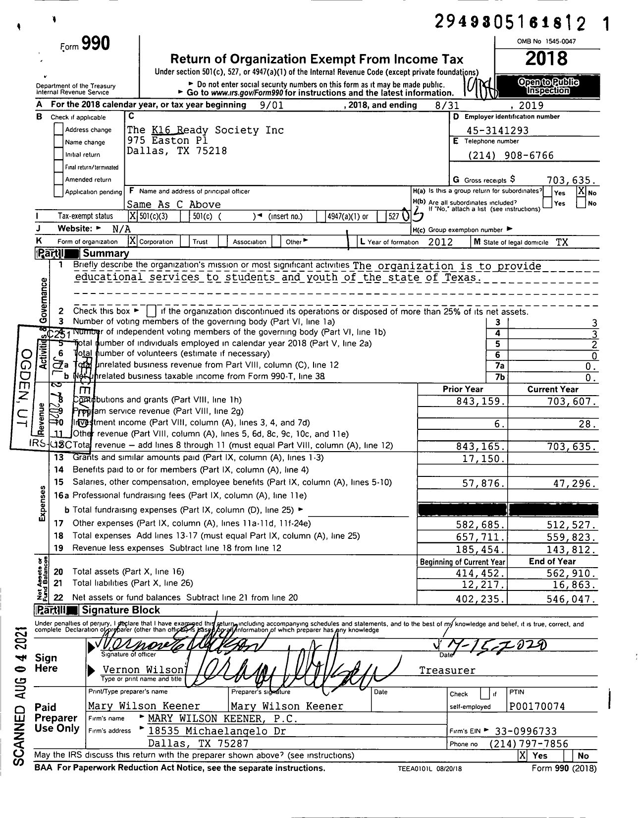 Image of first page of 2018 Form 990 for The K16 Ready Society