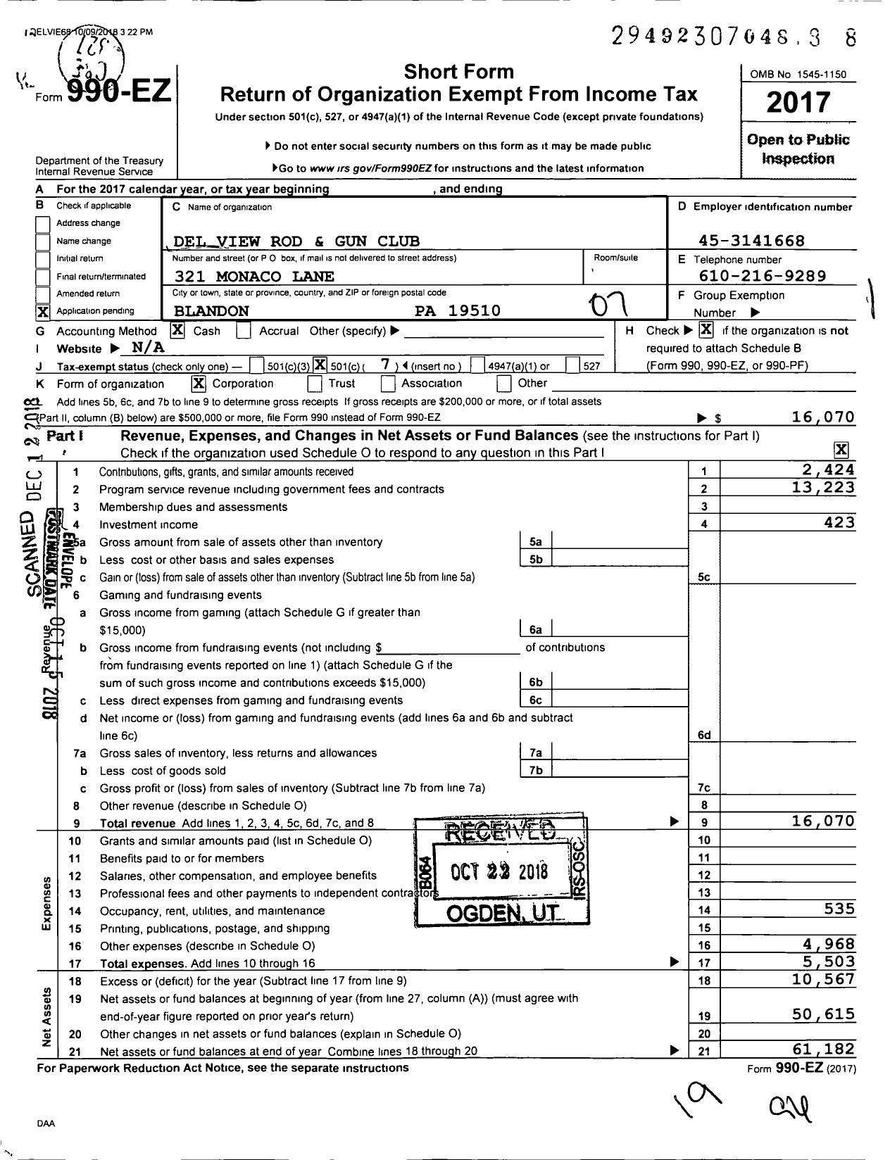 Image of first page of 2017 Form 990EO for Del View Rod and Gun Club