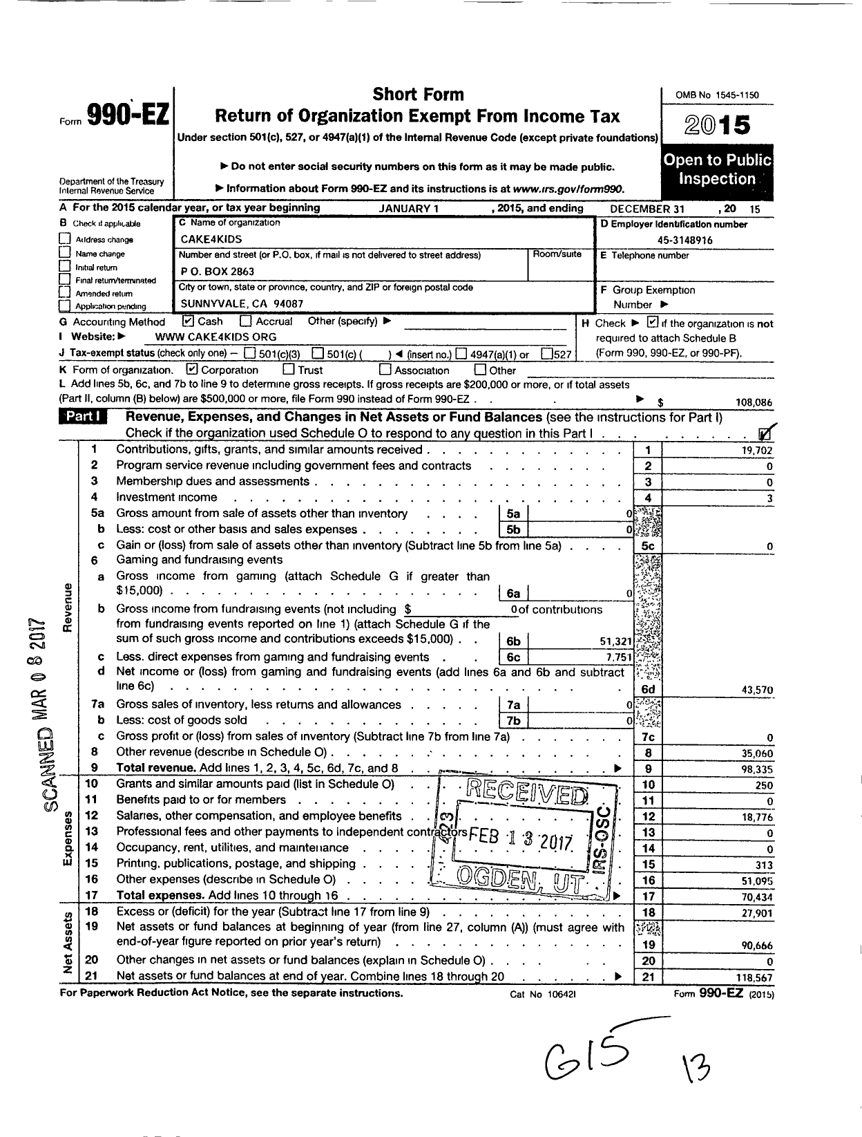 Image of first page of 2015 Form 990EO for Cake4kids