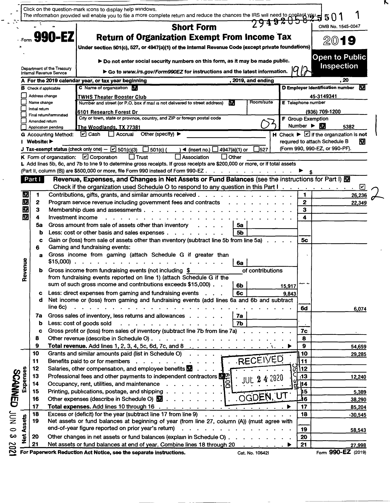 Image of first page of 2019 Form 990EZ for CISD EDUCATIONAL SUPPORT GROUPS INC TWHS Theater Booster Club TWHS Theater Booster Club