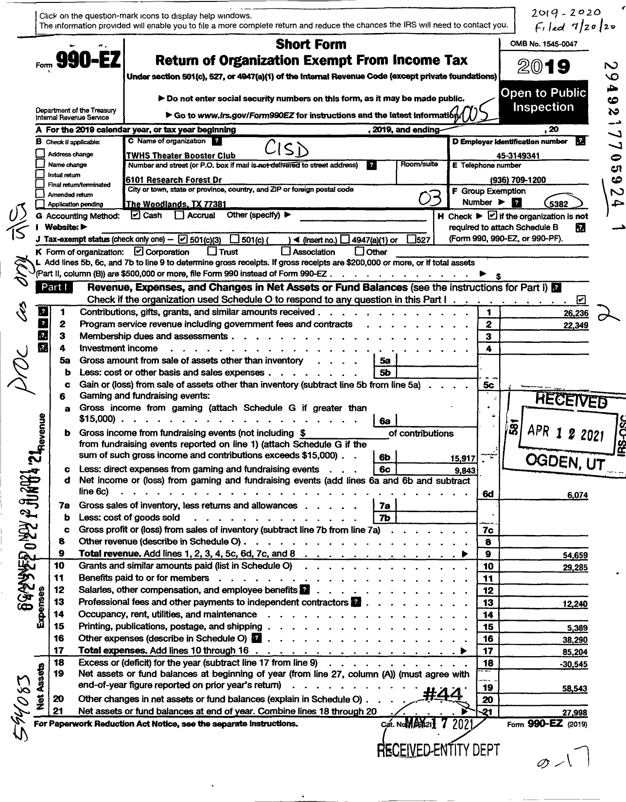 Image of first page of 2019 Form 990EZ for CISD EDUCATIONAL SUPPORT GROUPS INC TWHS Theater Booster Club TWHS Theater Booster Club