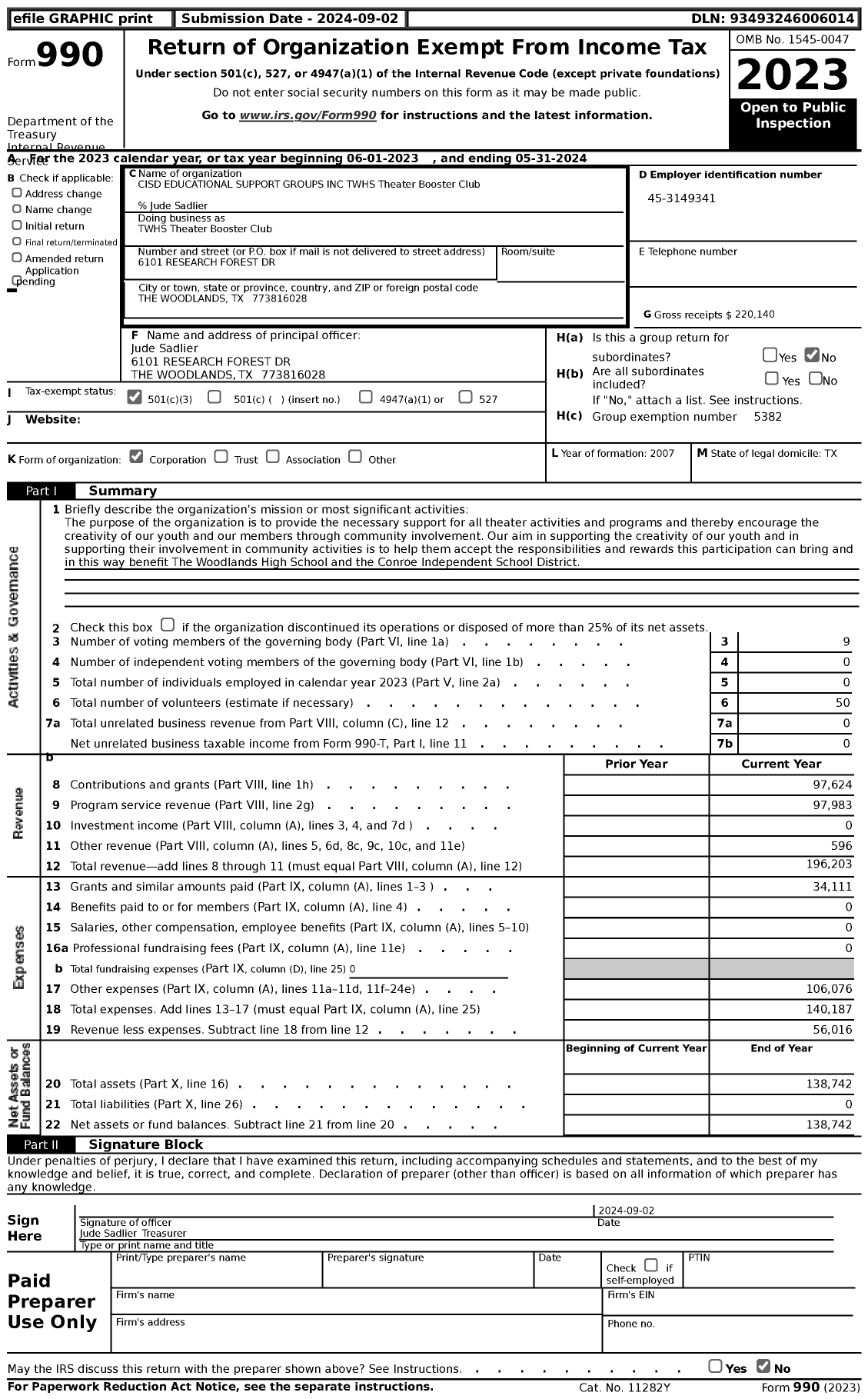 Image of first page of 2023 Form 990 for CISD EDUCATIONAL SUPPORT GROUPS INC TWHS Theater Booster Club TWHS Theater Booster Club