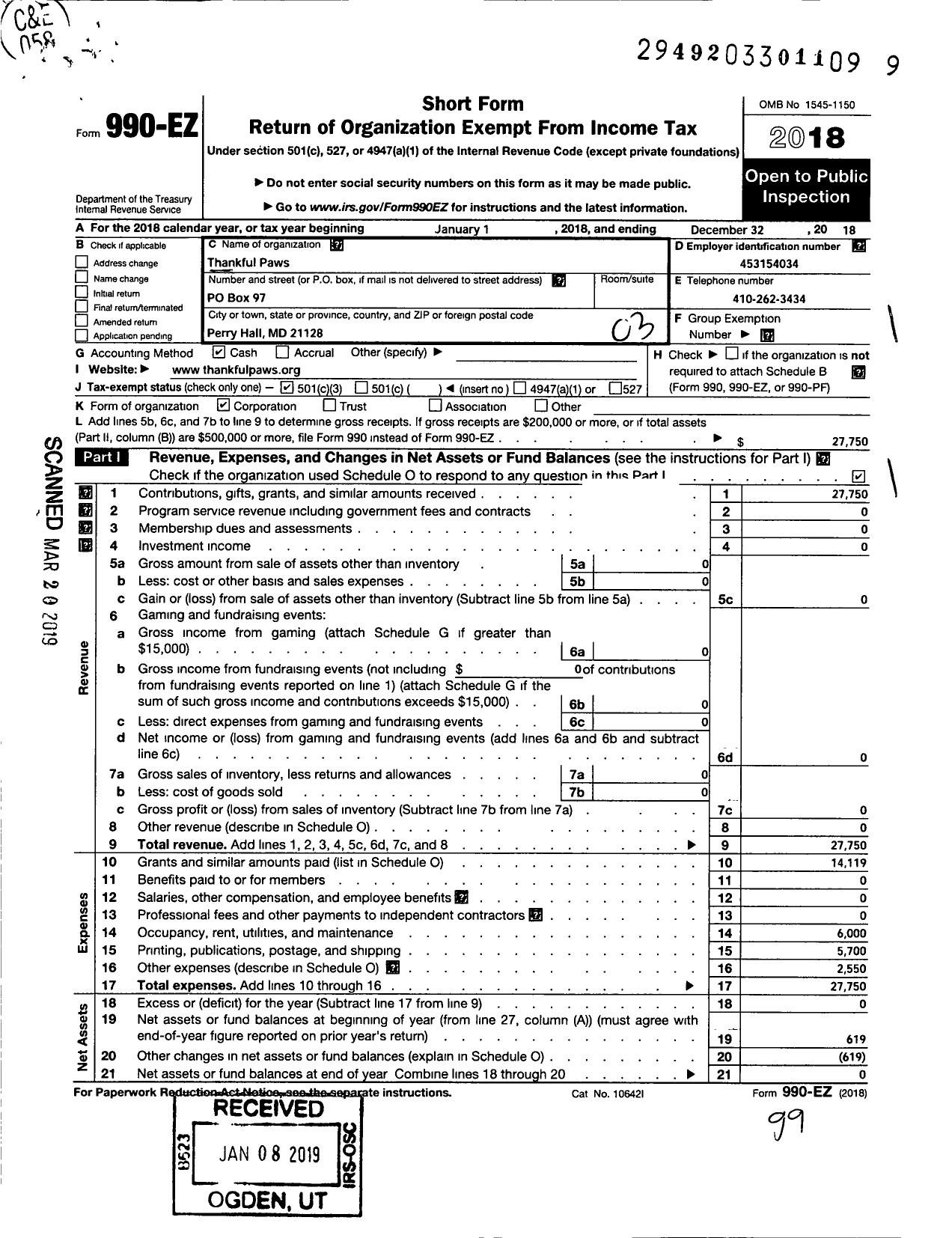 Image of first page of 2018 Form 990EZ for Thankful Paws