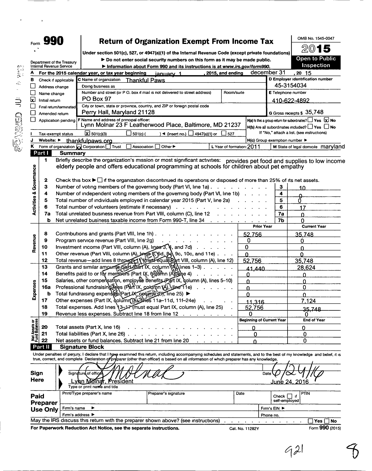 Image of first page of 2015 Form 990 for Thankful Paws