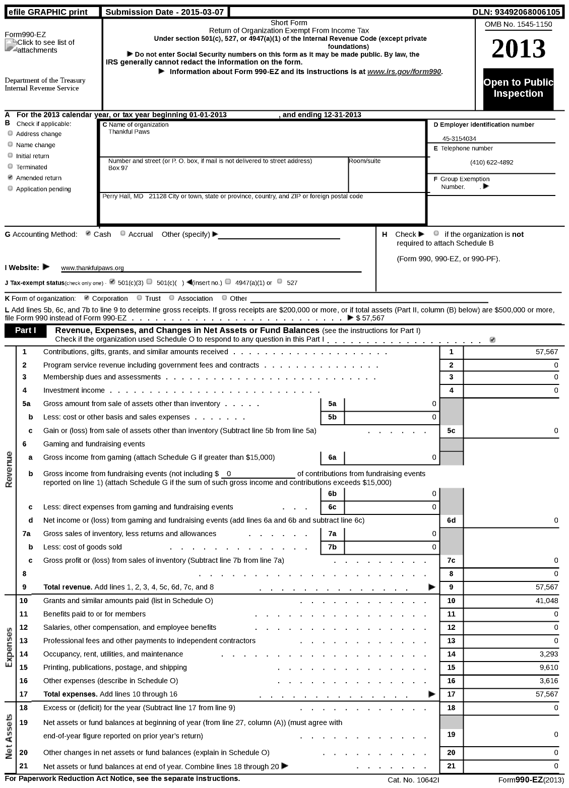 Image of first page of 2013 Form 990EZ for Thankful Paws