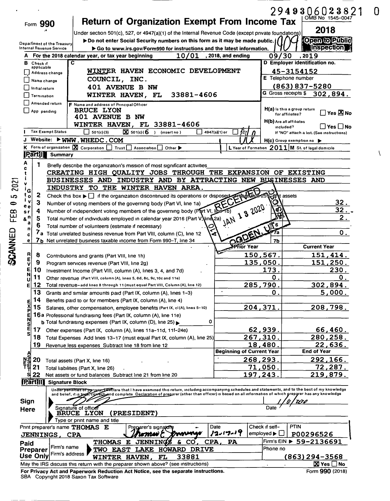 Image of first page of 2018 Form 990O for Winter Haven Economic Development Council