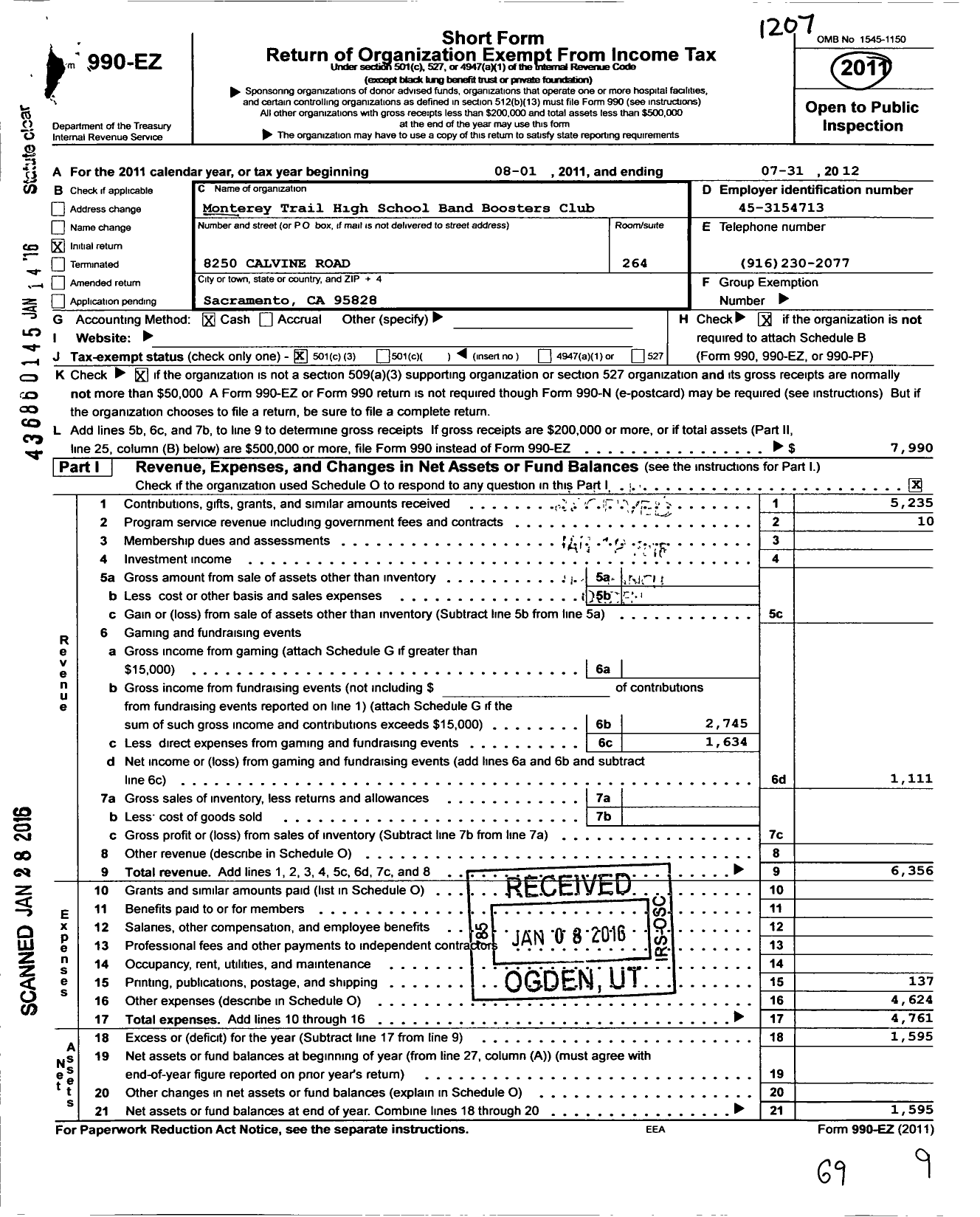 Image of first page of 2011 Form 990EZ for Monterey Trail High School Band Boosters Club (MTHS BBC)