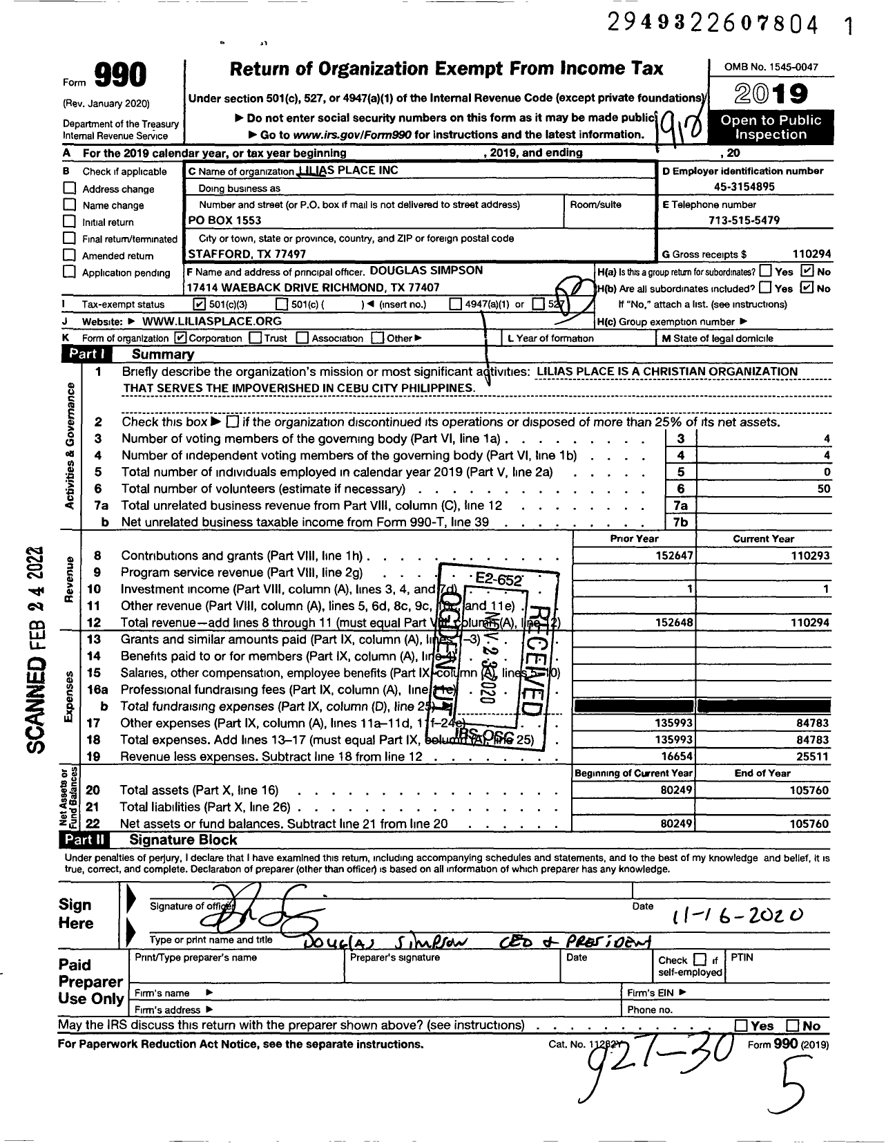 Image of first page of 2019 Form 990 for Lilias Place