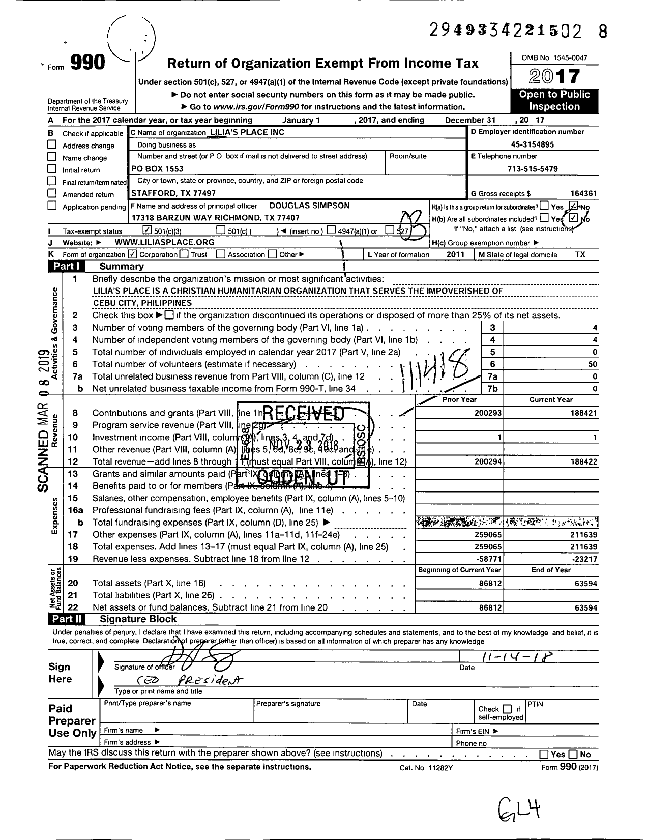 Image of first page of 2017 Form 990 for Lilias Place