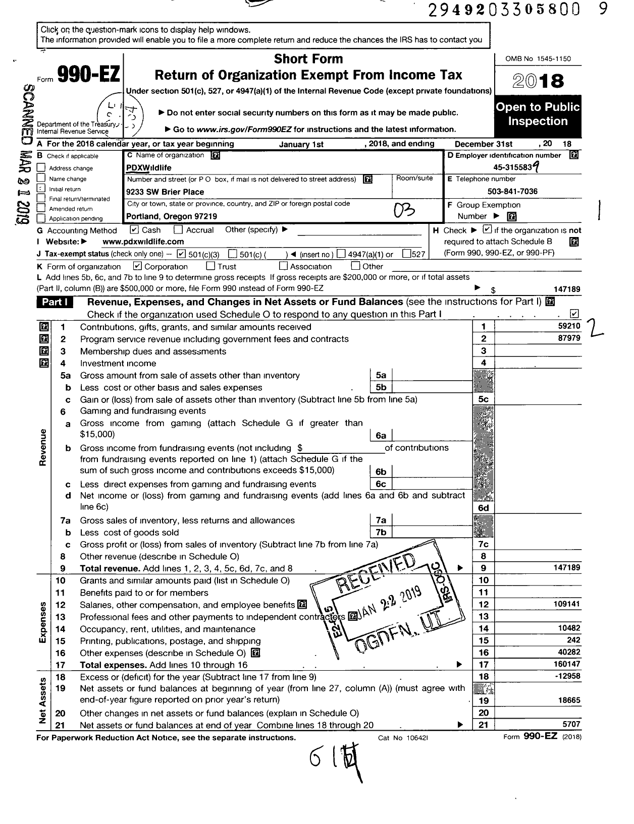 Image of first page of 2018 Form 990EZ for PDXWildlife