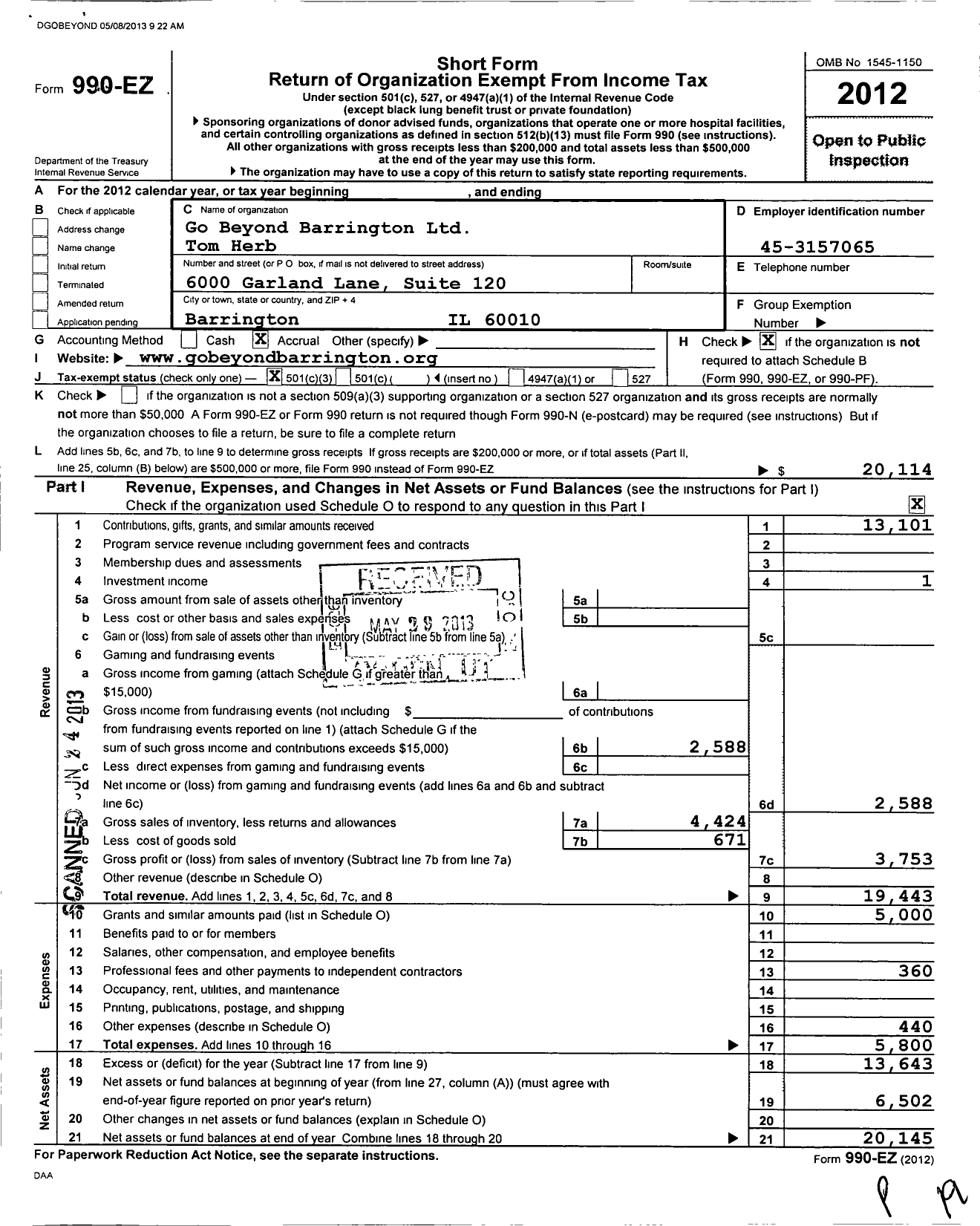 Image of first page of 2012 Form 990EZ for Go Beyond Barrington