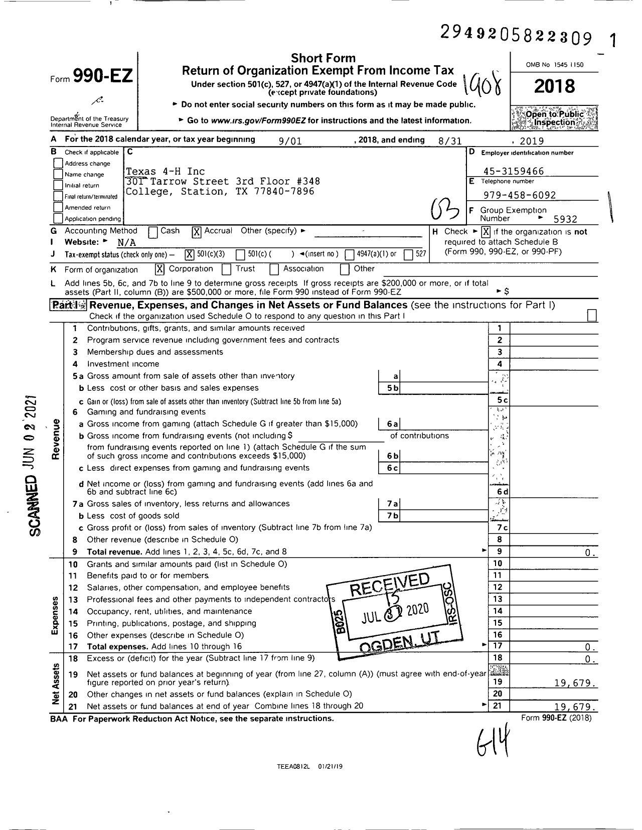 Image of first page of 2018 Form 990EZ for Texas 4-h