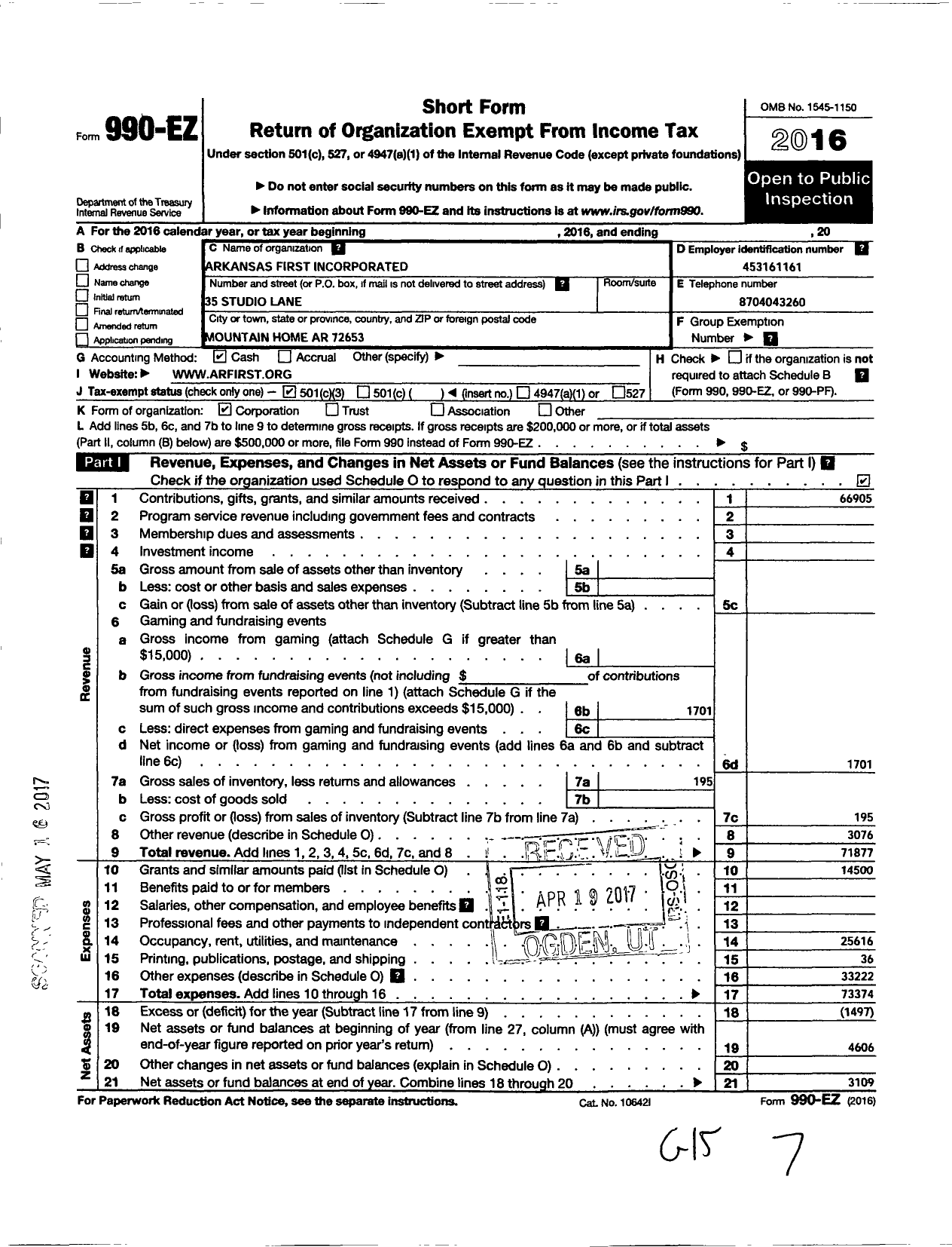 Image of first page of 2016 Form 990EZ for Arkansas FIRST Incorporated