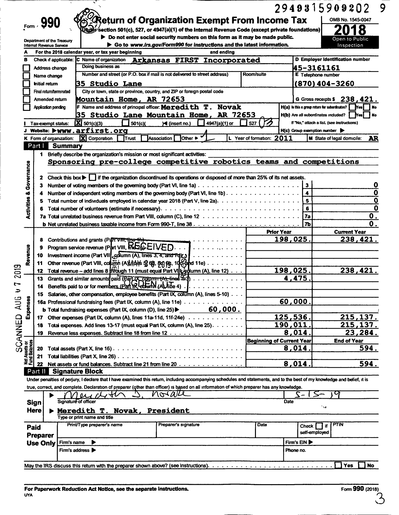 Image of first page of 2018 Form 990 for Arkansas FIRST Incorporated