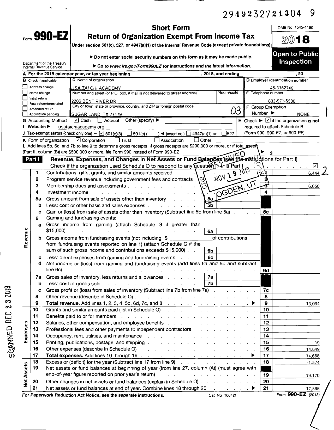 Image of first page of 2018 Form 990EZ for USA Tai Chi Academy