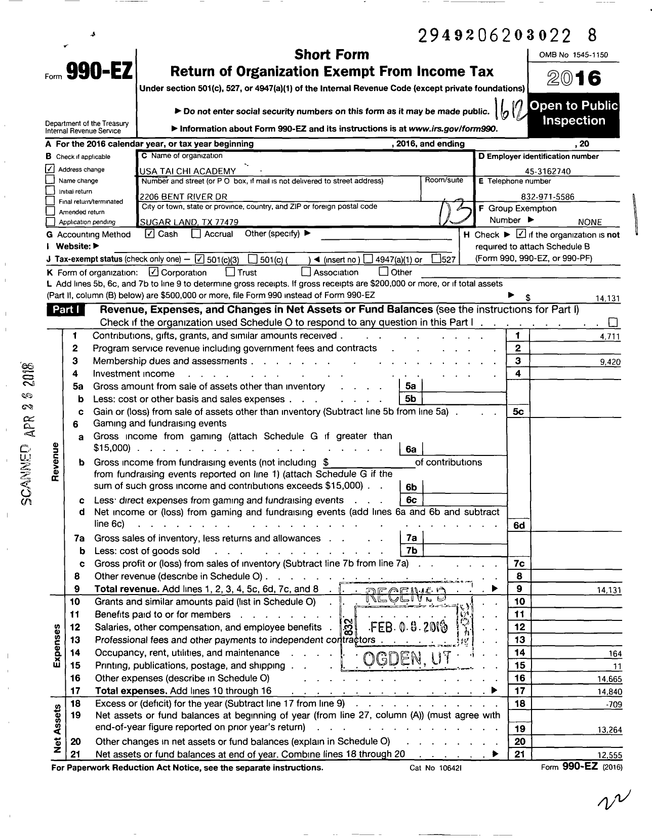 Image of first page of 2016 Form 990EZ for USA Tai Chi Academy