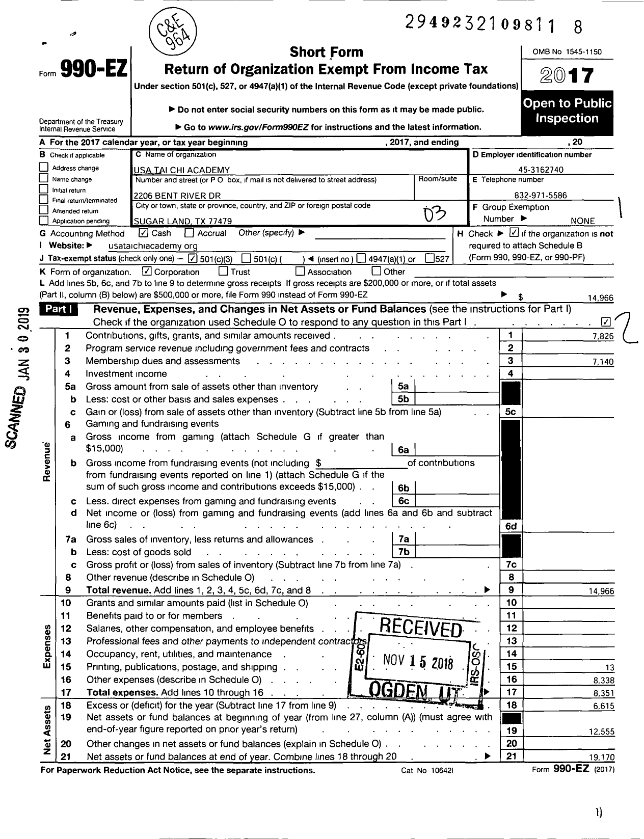 Image of first page of 2017 Form 990EZ for USA Tai Chi Academy