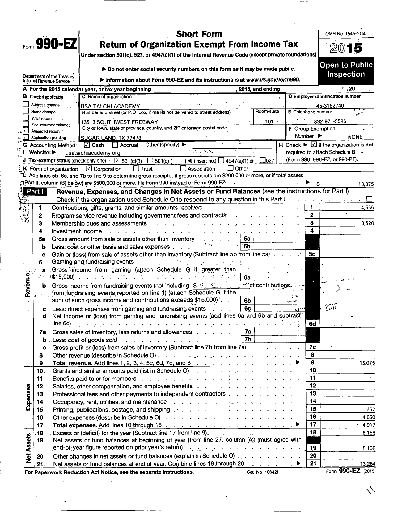 Image of first page of 2015 Form 990EZ for USA Tai Chi Academy