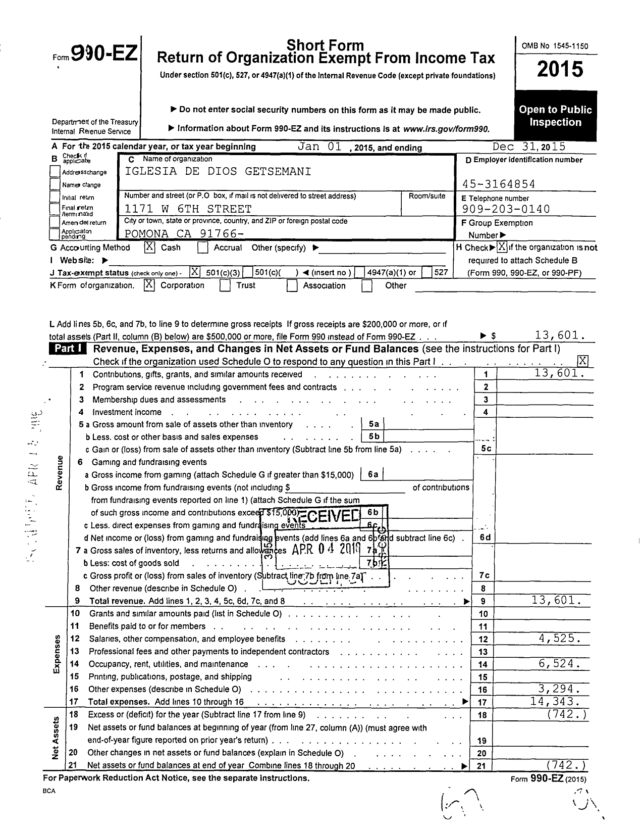 Image of first page of 2015 Form 990EZ for Iglesia de Dios Getsemani