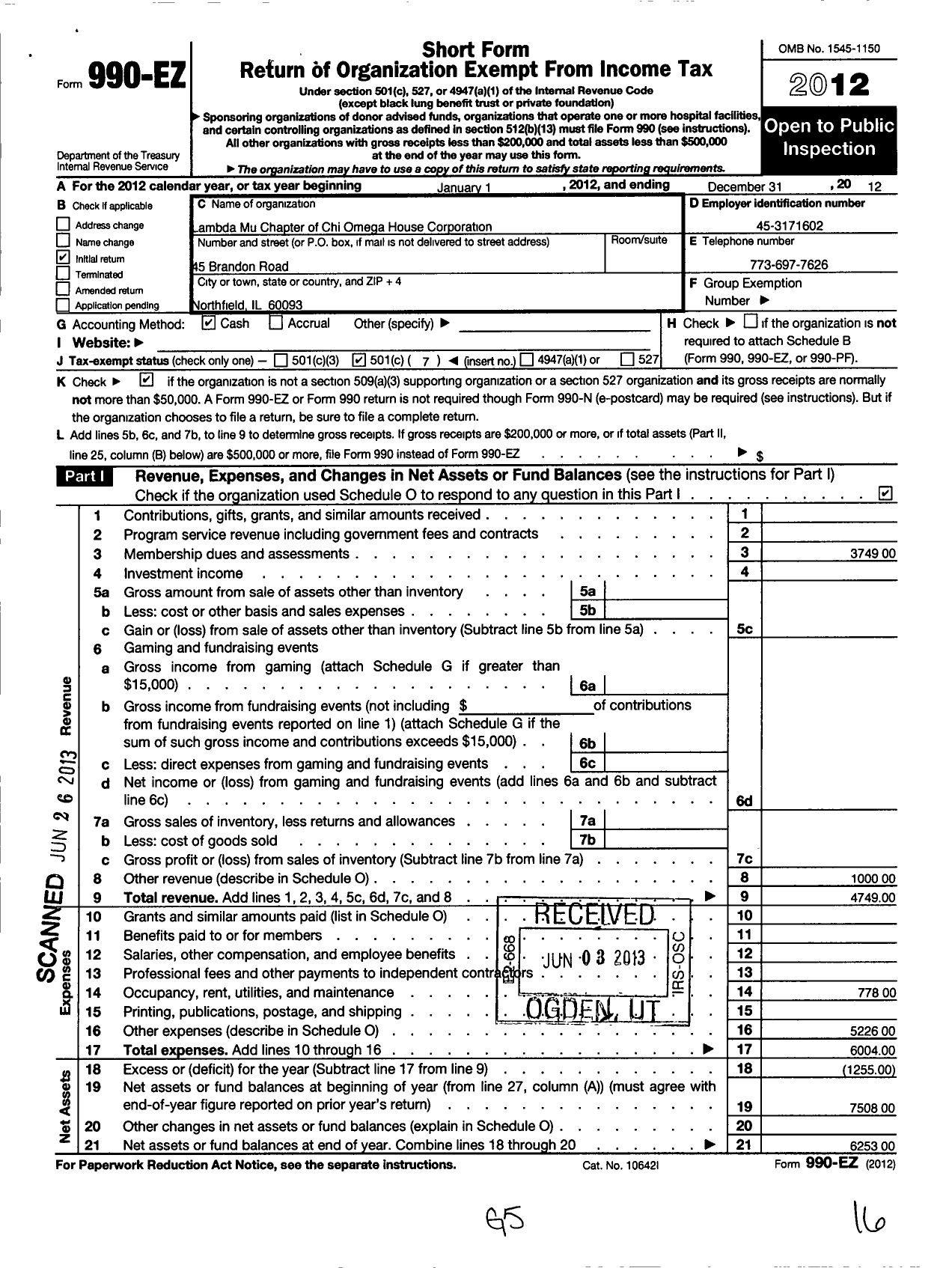 Image of first page of 2012 Form 990EO for Lambda Mu Chapter of Chi Omega House Corporation