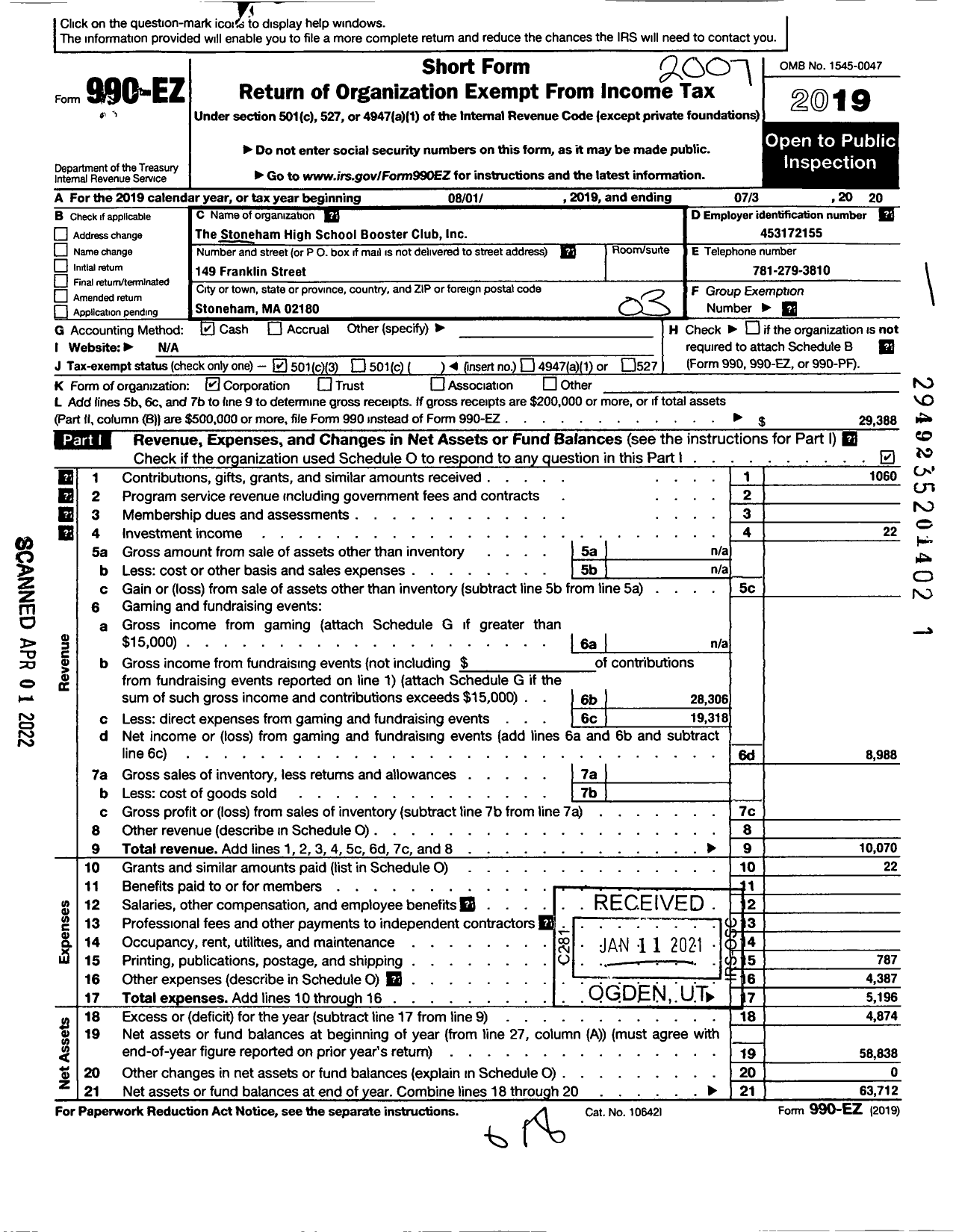 Image of first page of 2019 Form 990EZ for Stoneham High School Booster Club