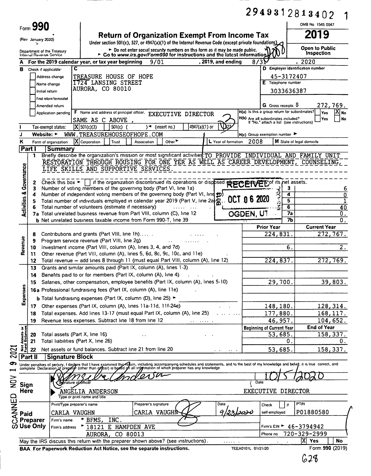 Image of first page of 2019 Form 990 for Treasure House of Hope