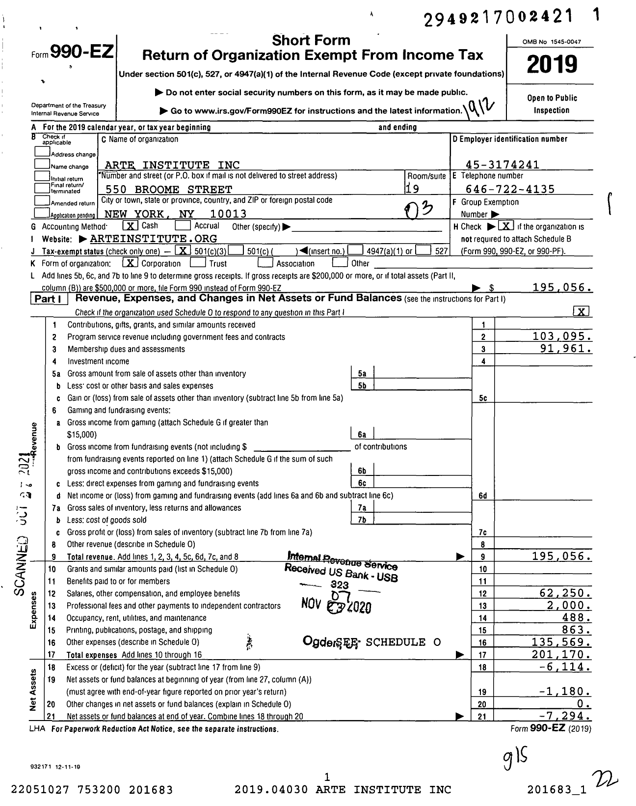 Image of first page of 2019 Form 990EZ for Arte Institute