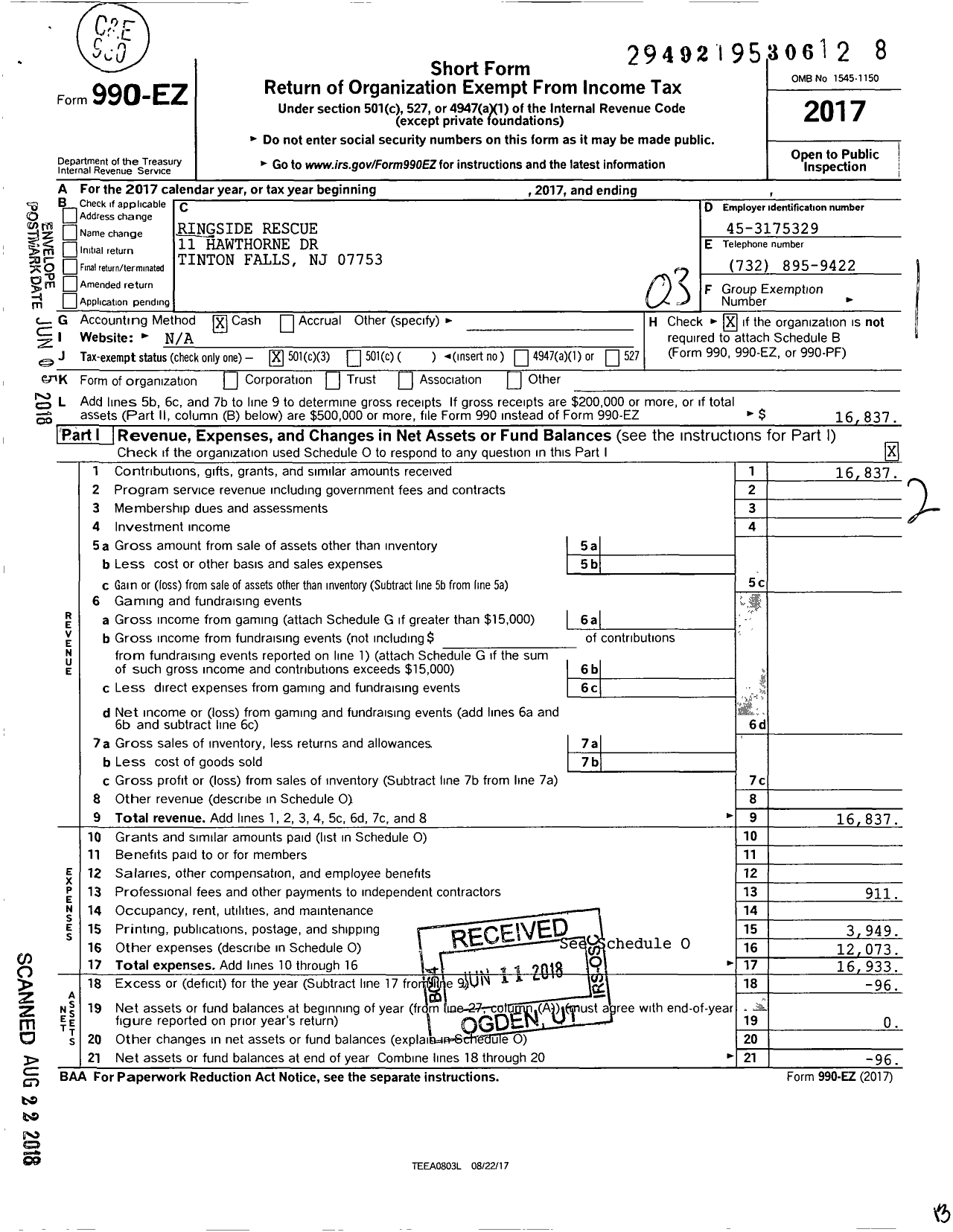 Image of first page of 2017 Form 990EZ for Ringside Rescue