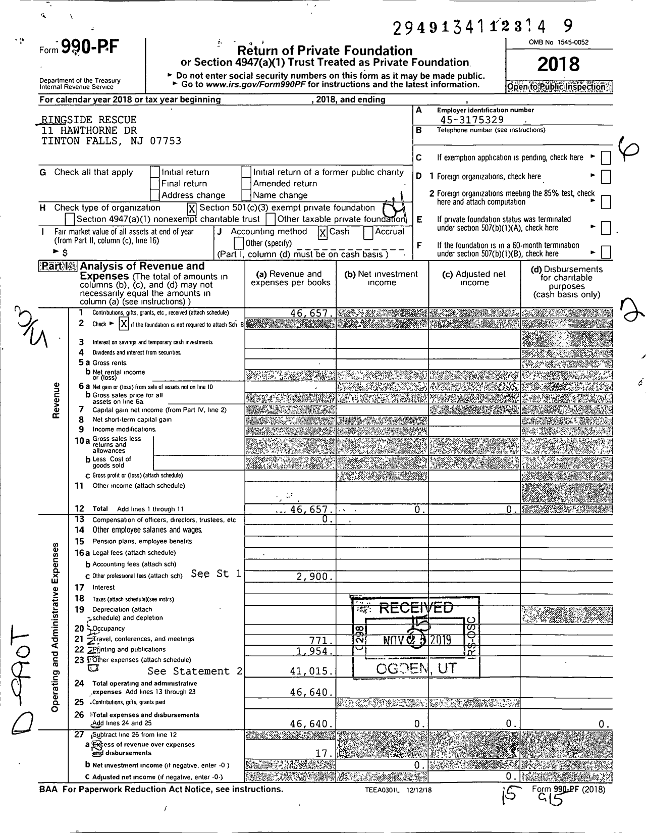 Image of first page of 2018 Form 990PF for Ringside Rescue