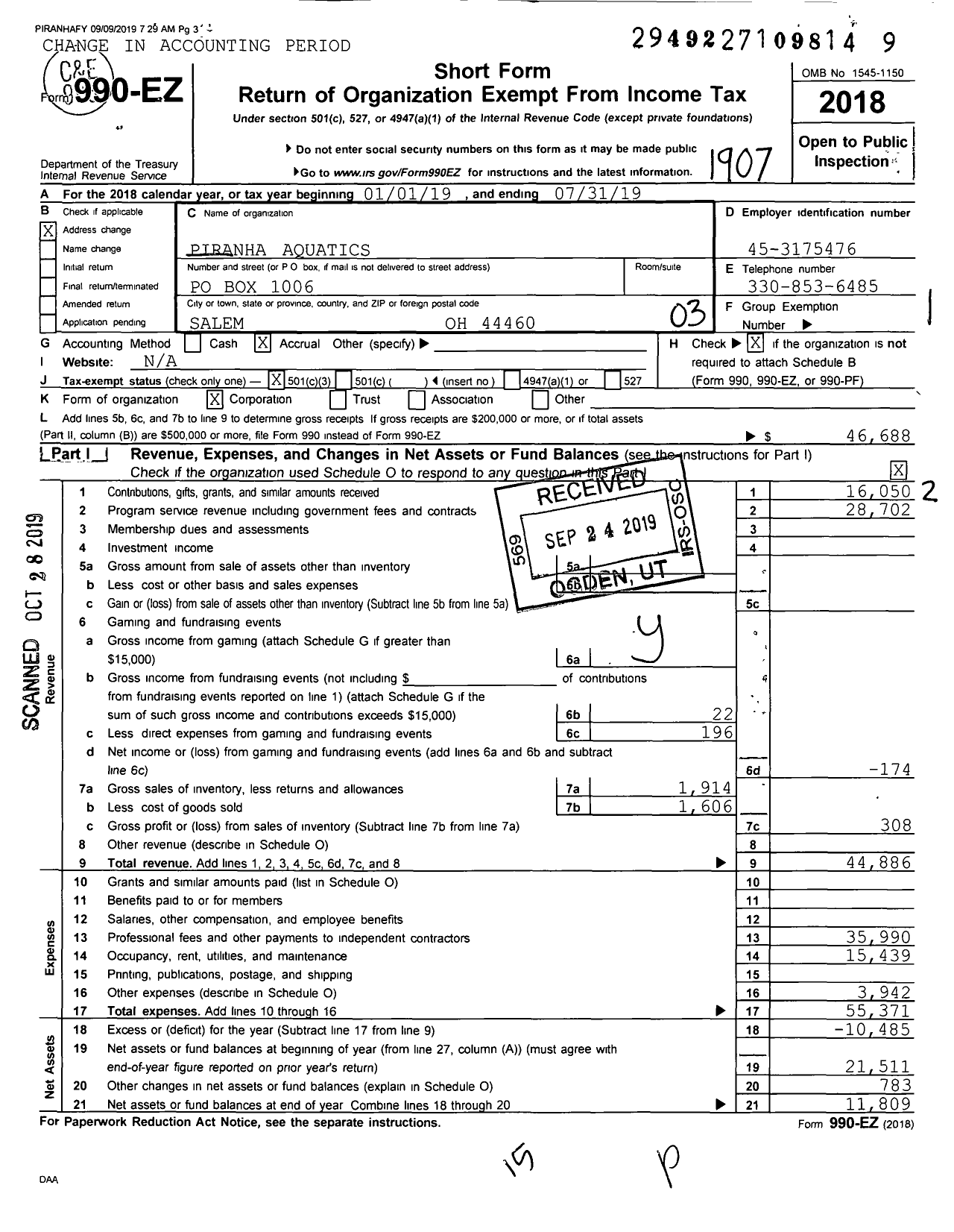 Image of first page of 2018 Form 990EZ for Piranha Aquatics