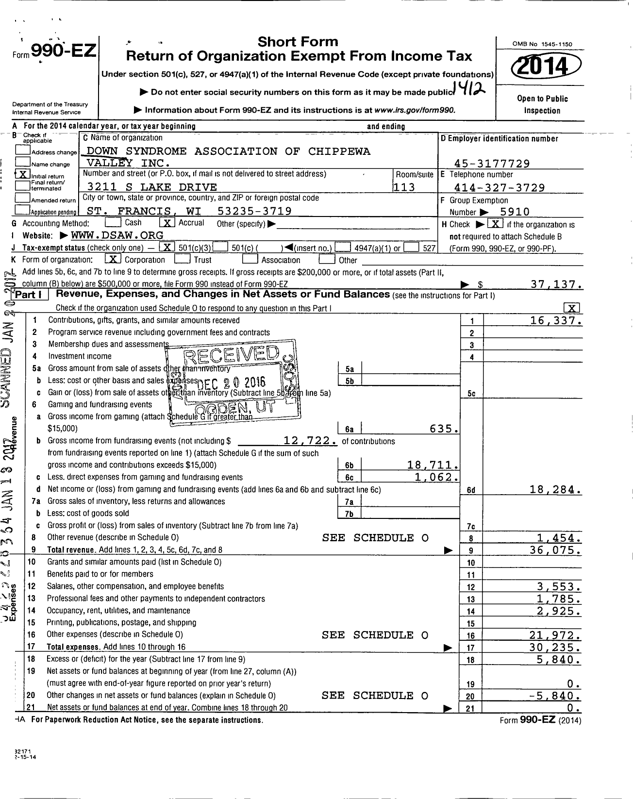 Image of first page of 2014 Form 990EZ for Down Syndrome Association of Chippewa Valley