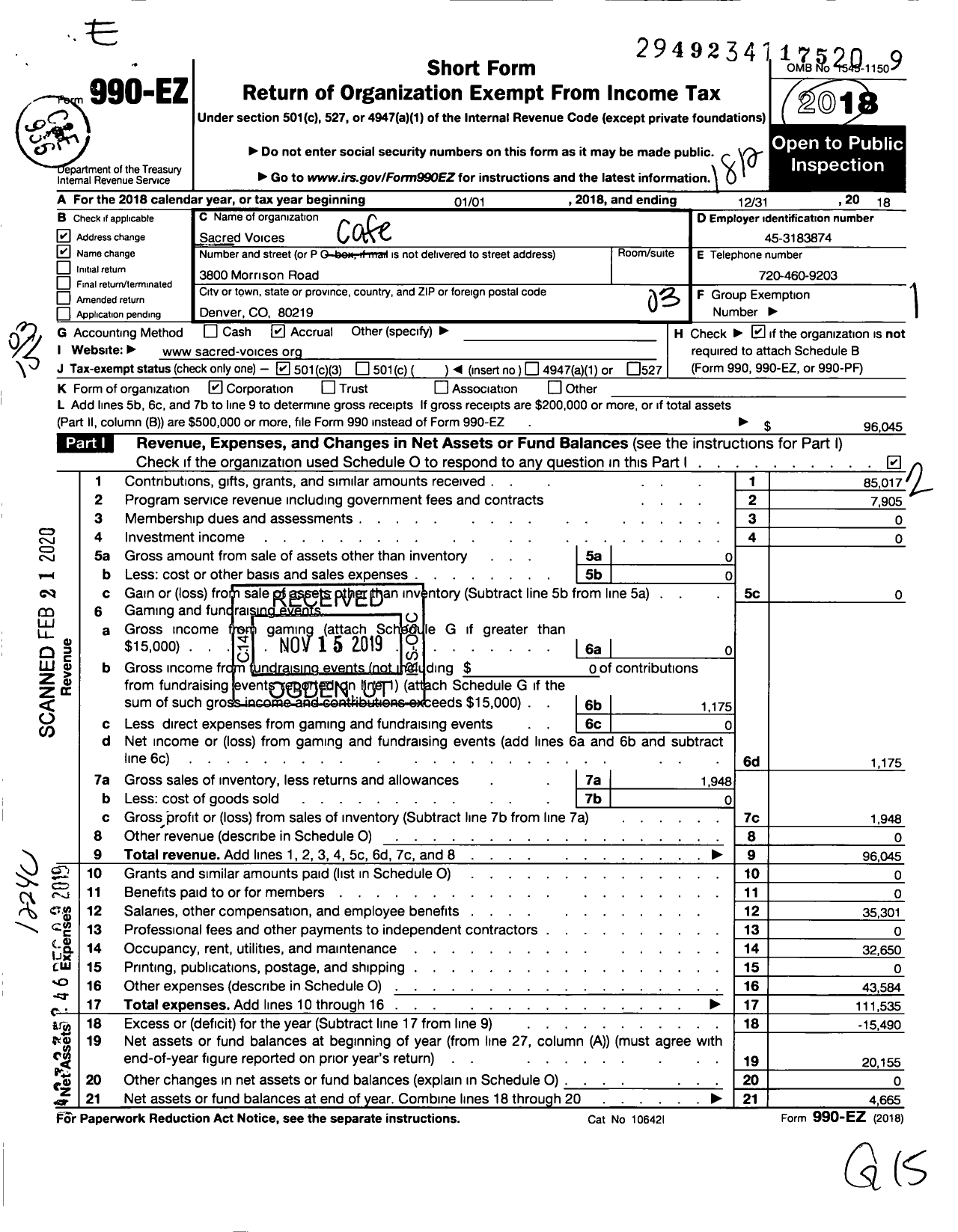 Image of first page of 2018 Form 990EZ for Sacred Voices