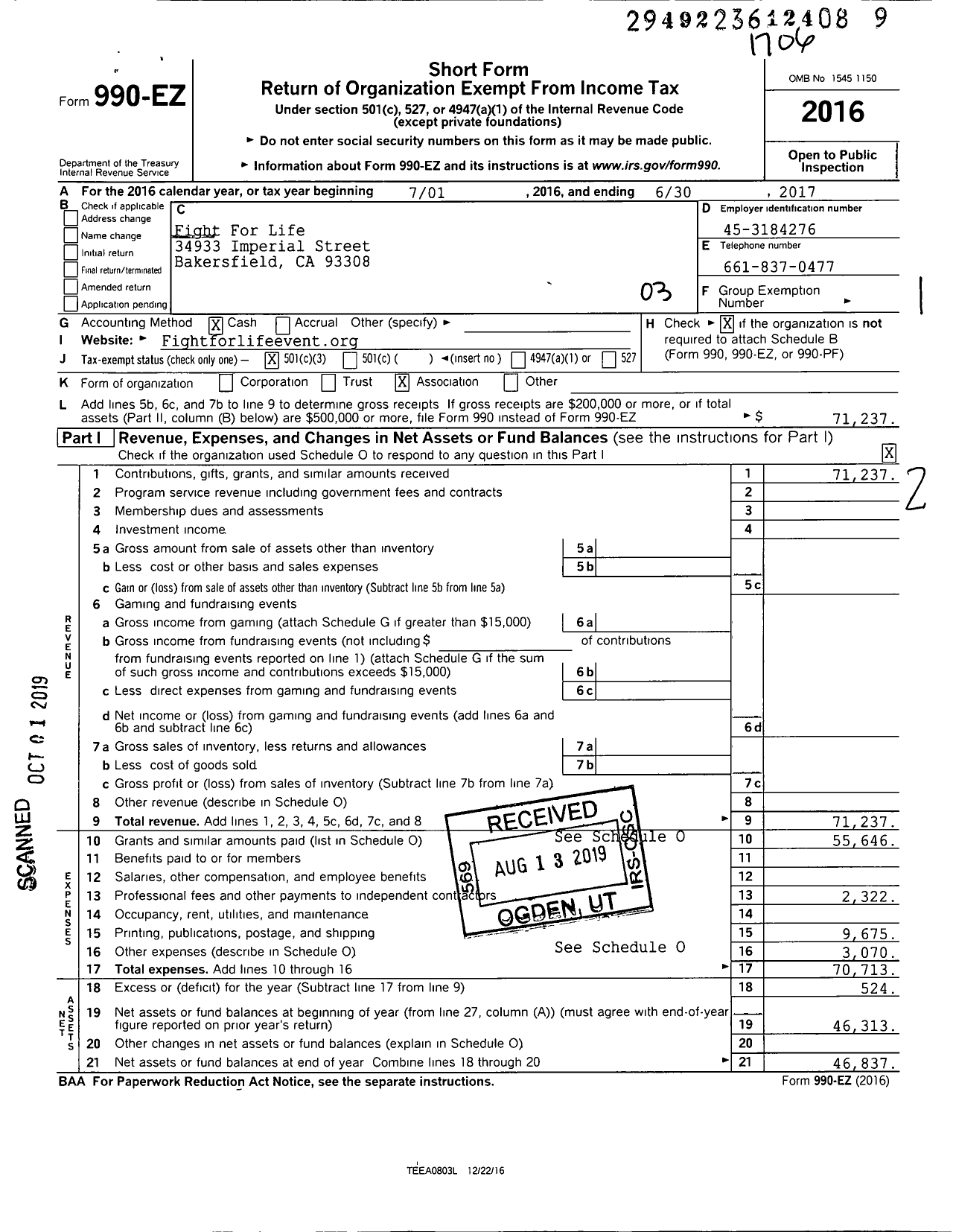 Image of first page of 2016 Form 990EZ for Fight For Life