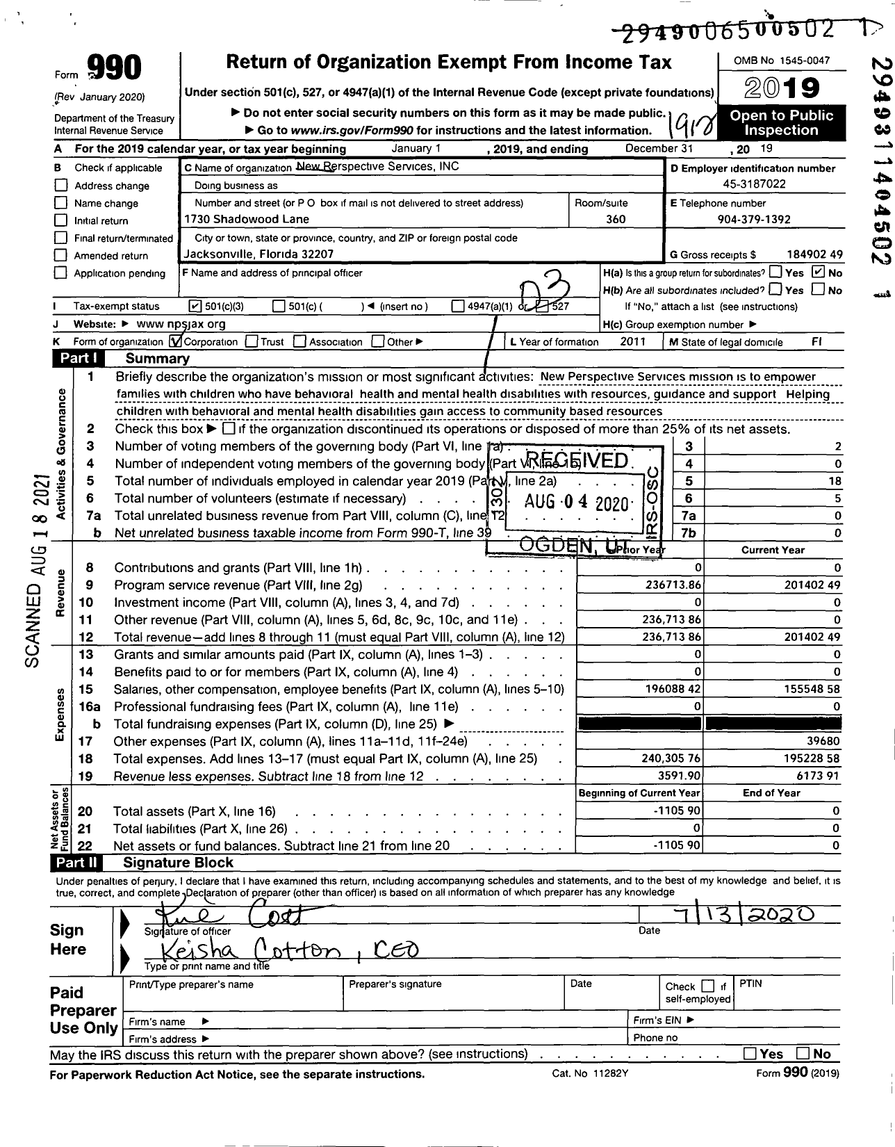 Image of first page of 2019 Form 990 for New Perspectives Services