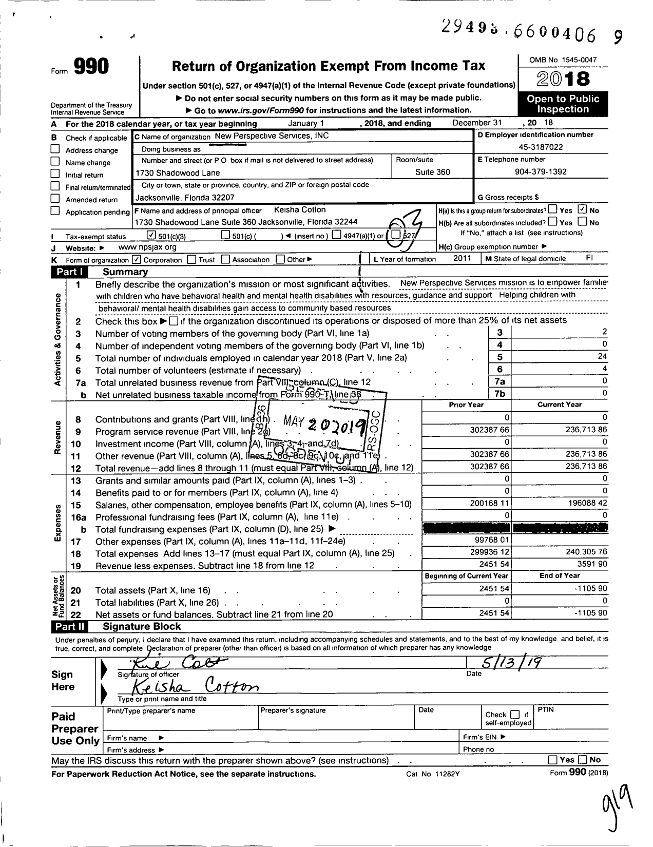 Image of first page of 2018 Form 990 for New Perspectives Services