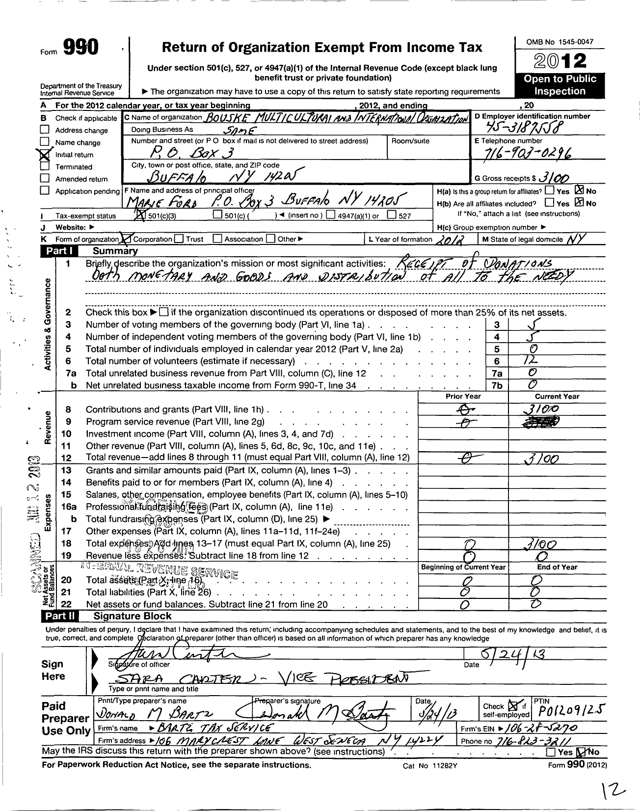 Image of first page of 2012 Form 990 for Bouske Multicultural and International Organization