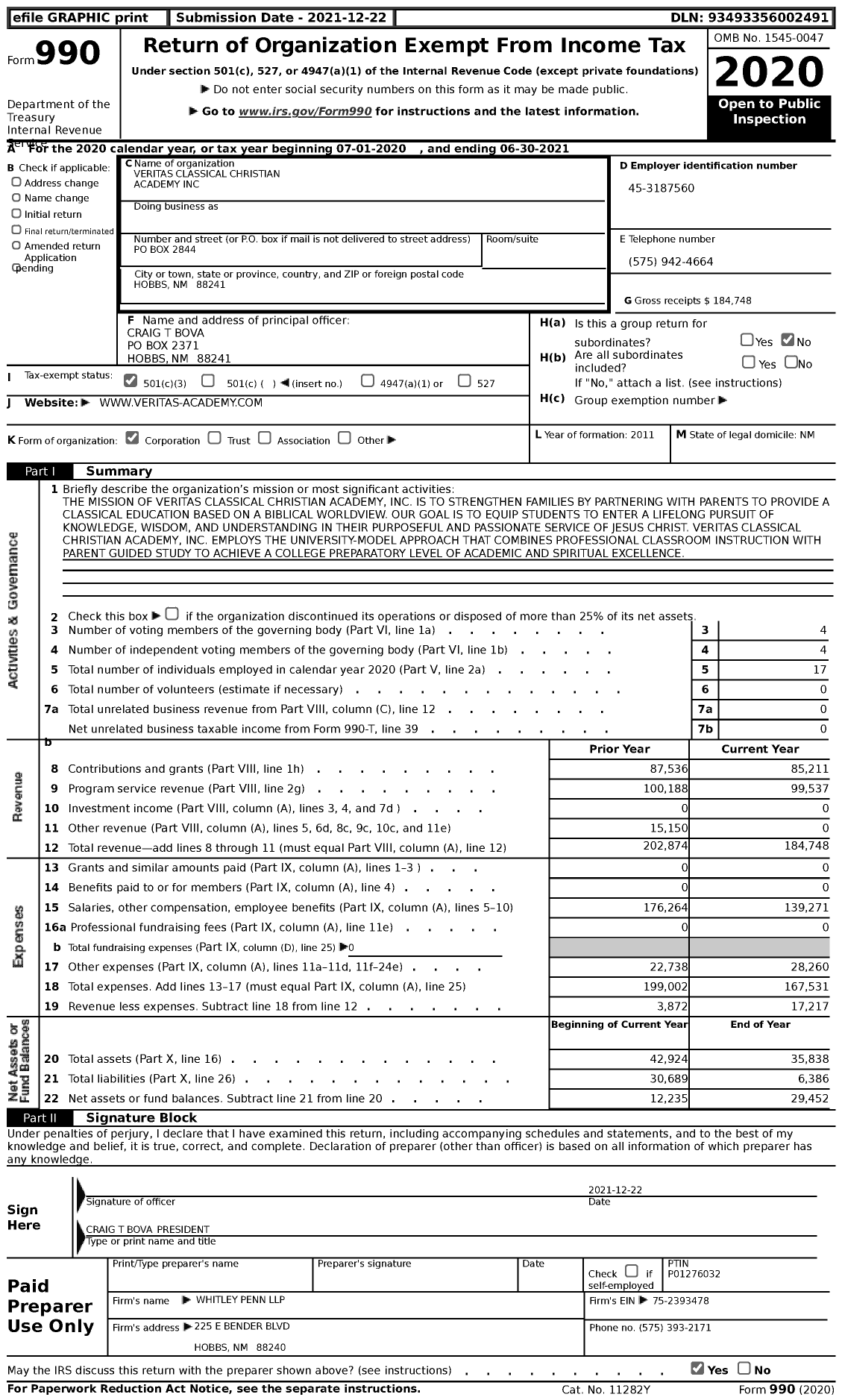 Image of first page of 2020 Form 990 for Veritas Classical Christian Academy