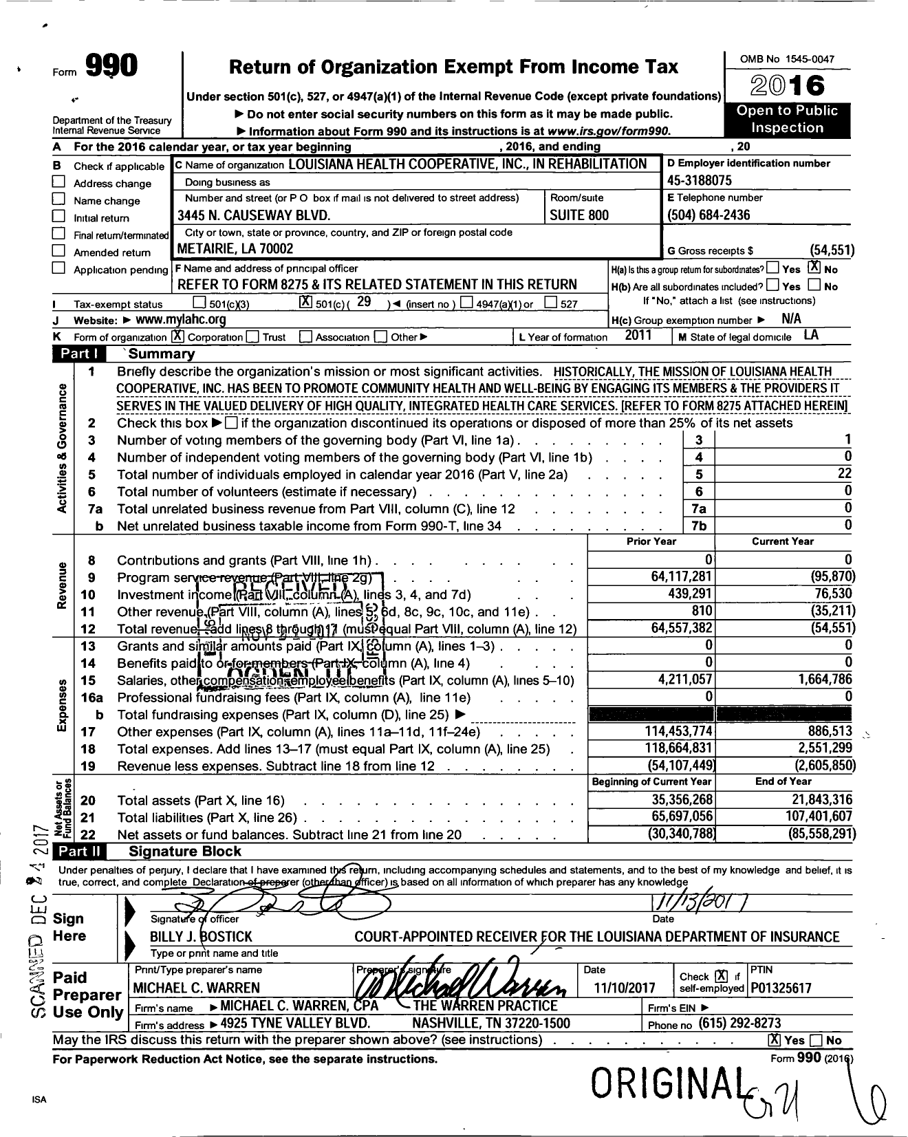 Image of first page of 2016 Form 990O for Louisiana Department of Insurance